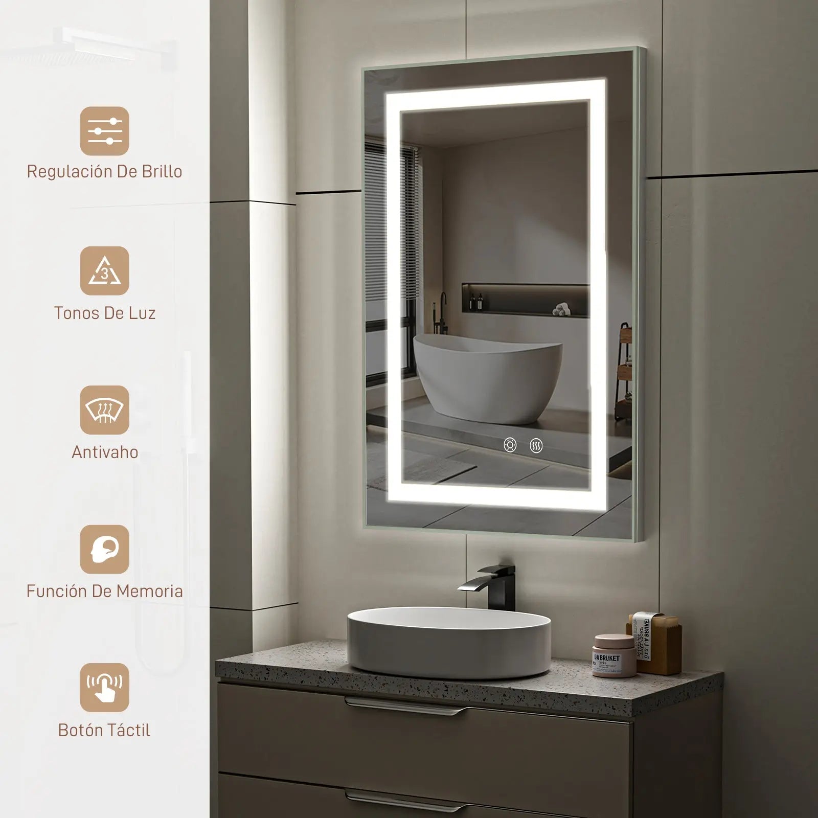 Maquillali Espejo LED De Vanidad para Baño Montado En La Pared, Estilo Rectangular, Led De 3 Colores En Iluminación con Ajustable En Brillo Y Antivaho (40x60 cm, Rectangular) MU:4LIFE MX
