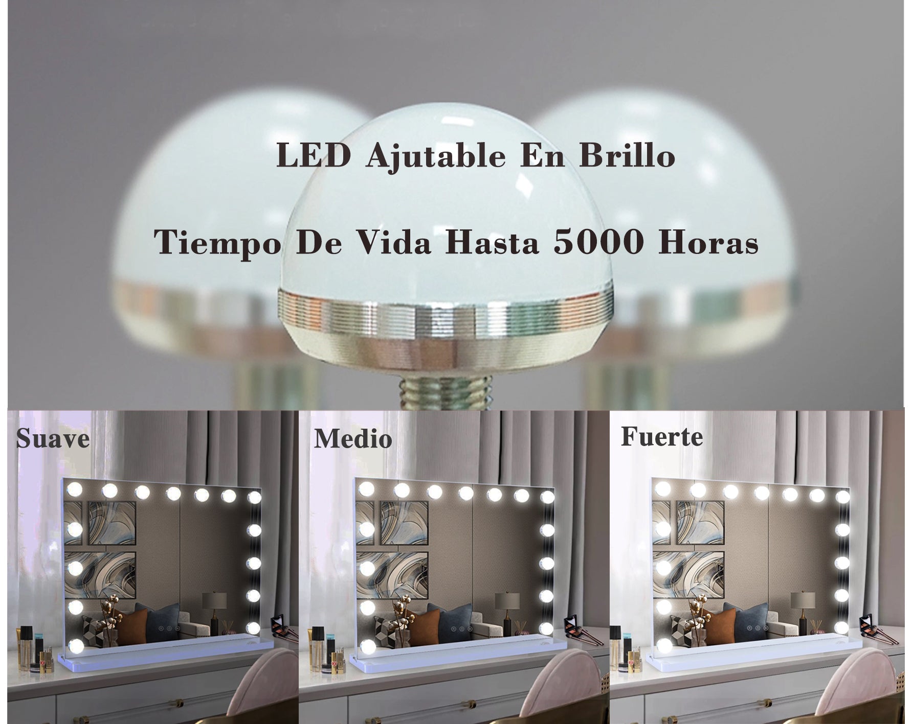 Espejo de maquillaje 15 Bombillas LED estilo Hollywood, con espejo de aumento 10x.