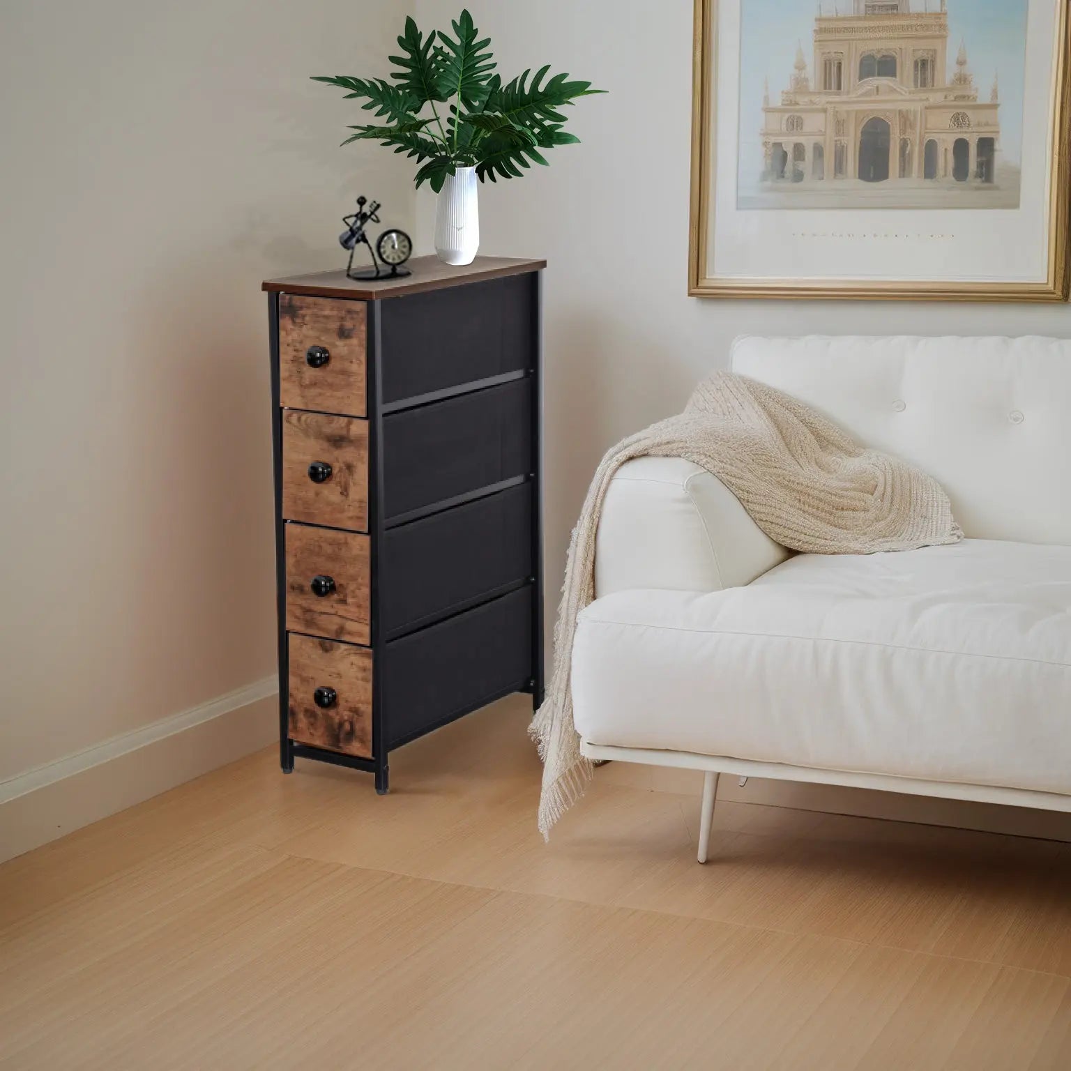 Cómoda estrecha color atigrado de 4 cajones almacenamiento para hogar y oficina, organizador cajonera de estructura metal, tabla MDF y cajones de tela no tejida y cubiertas de MDF MU:4LIFE