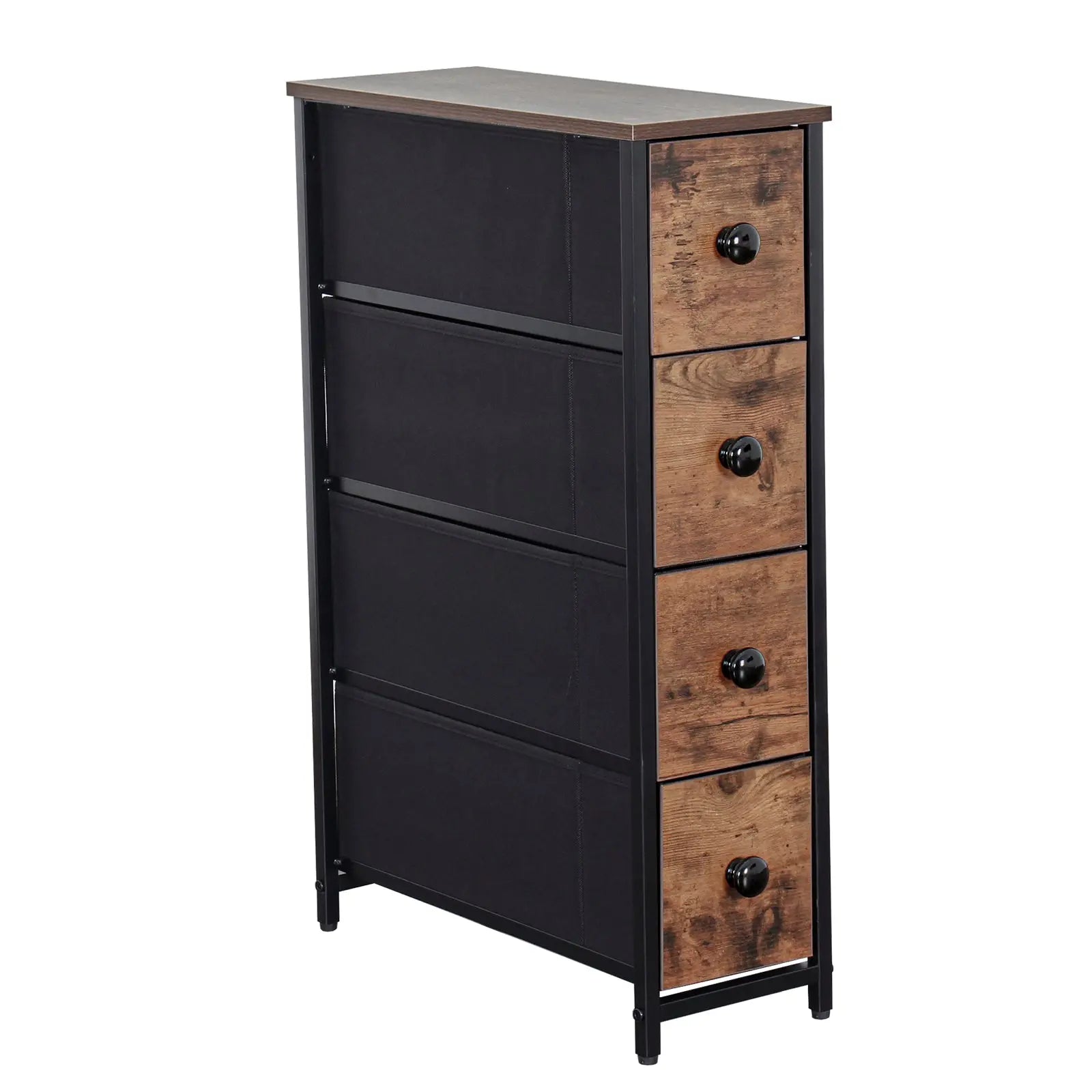 Cómoda estrecha color atigrado de 4 cajones almacenamiento para hogar y oficina, organizador cajonera de estructura metal, tabla MDF y cajones de tela no tejida y cubiertas de MDF MU:4LIFE