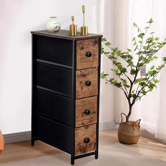 Cómoda estrecha color atigrado de 4 cajones almacenamiento para hogar y oficina, organizador cajonera de estructura metal, tabla MDF y cajones de tela no tejida y cubiertas de MDF MU:4LIFE