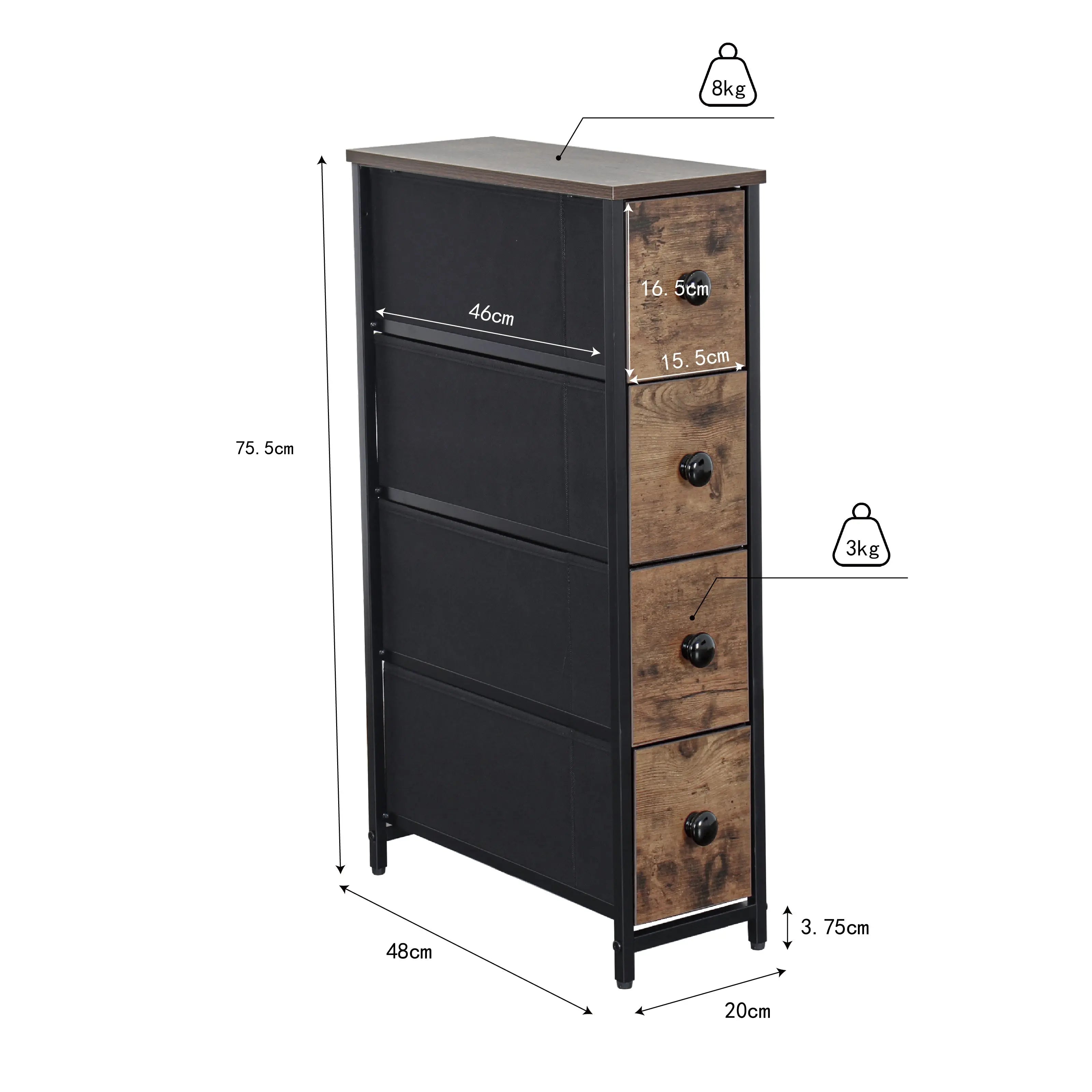 Cómoda estrecha color atigrado de 4 cajones almacenamiento para hogar y oficina, organizador cajonera de estructura metal, tabla MDF y cajones de tela no tejida y cubiertas de MDF MU:4LIFE