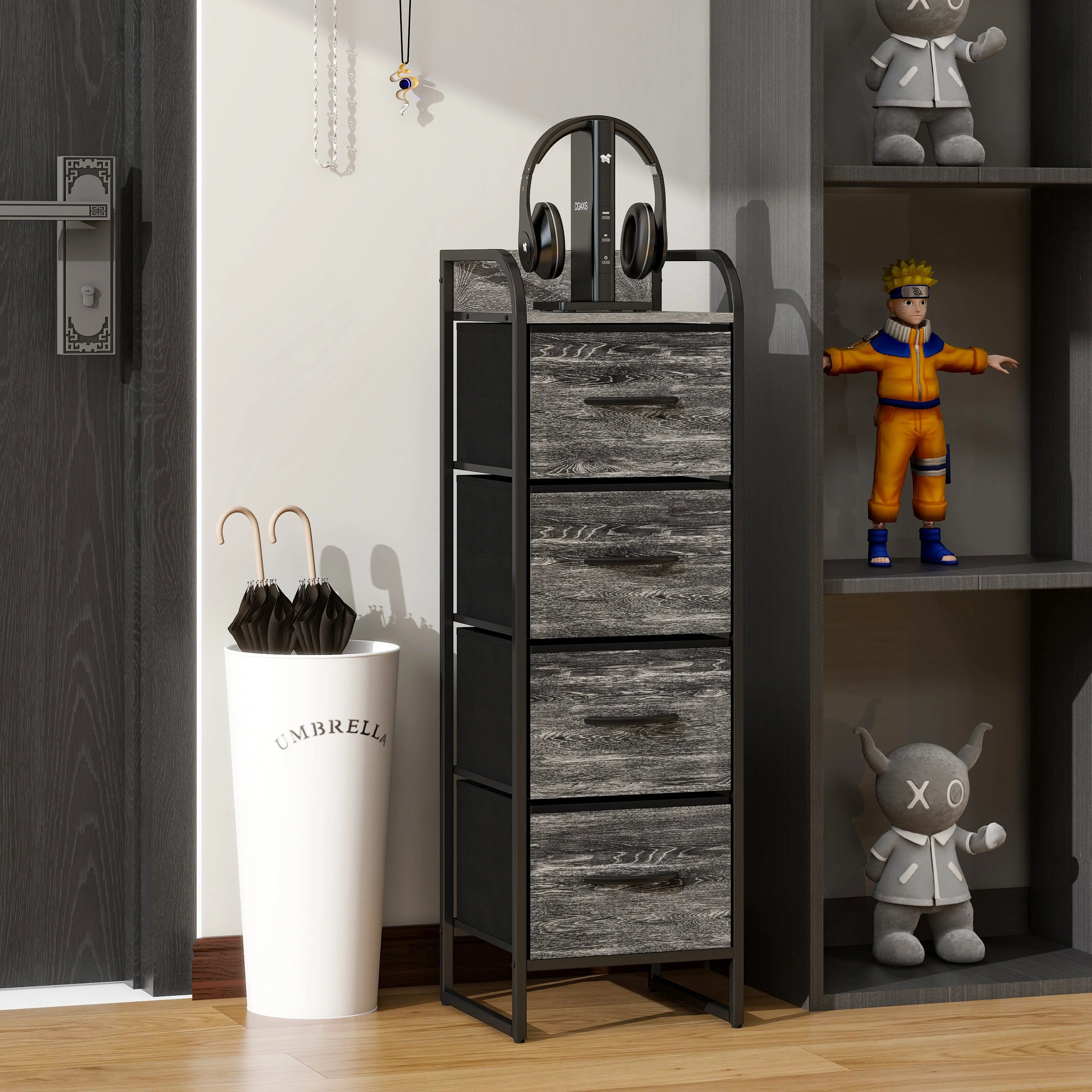 Cómoda compacta de 4 cajones almacenamiento para hogar y oficina, organizador cajonera de estructura metal y cajones de tela lino poliéster y tela no tejida MU:4LIFE