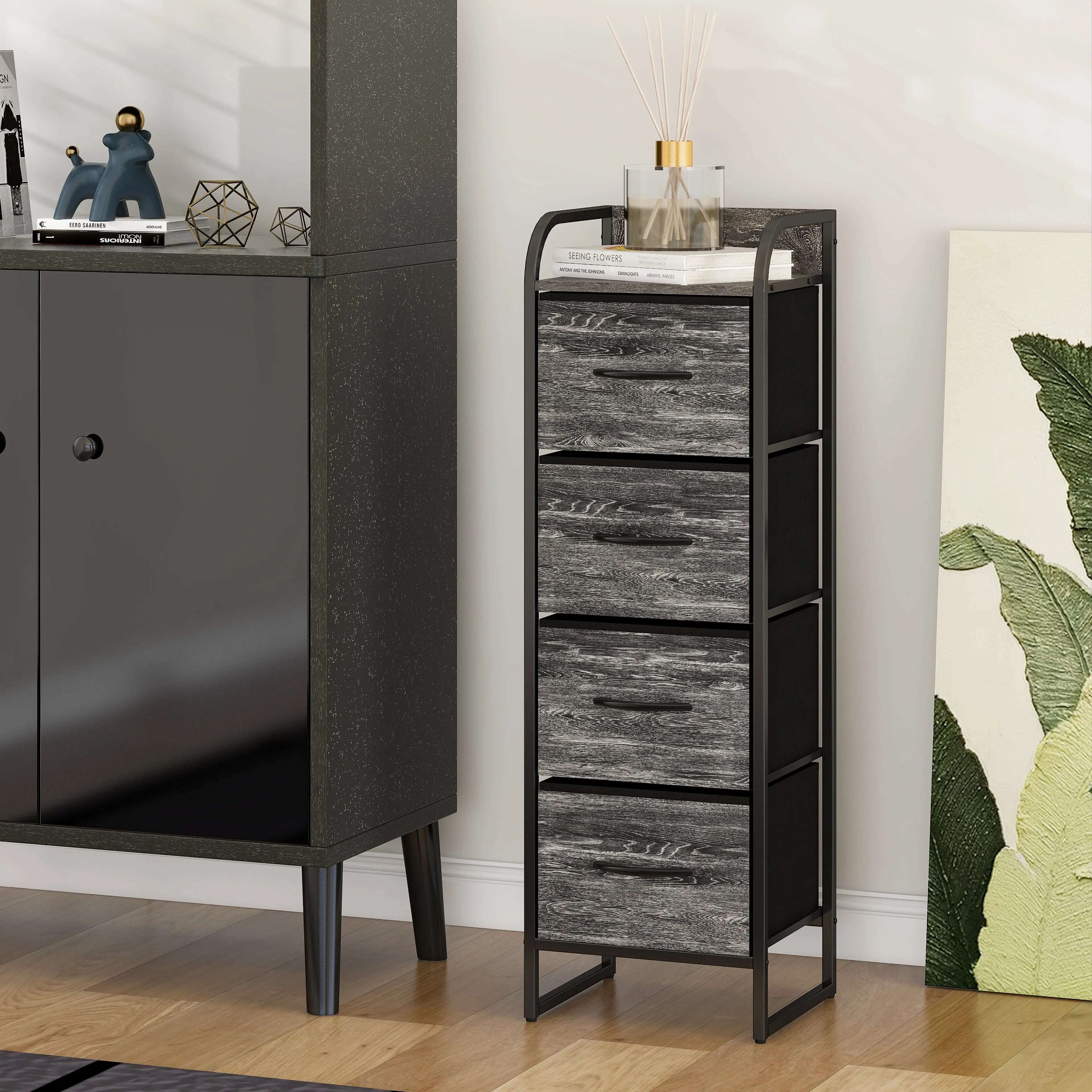 Cómoda compacta de 4 cajones almacenamiento para hogar y oficina, organizador cajonera de estructura metal y cajones de tela lino poliéster y tela no tejida MU:4LIFE