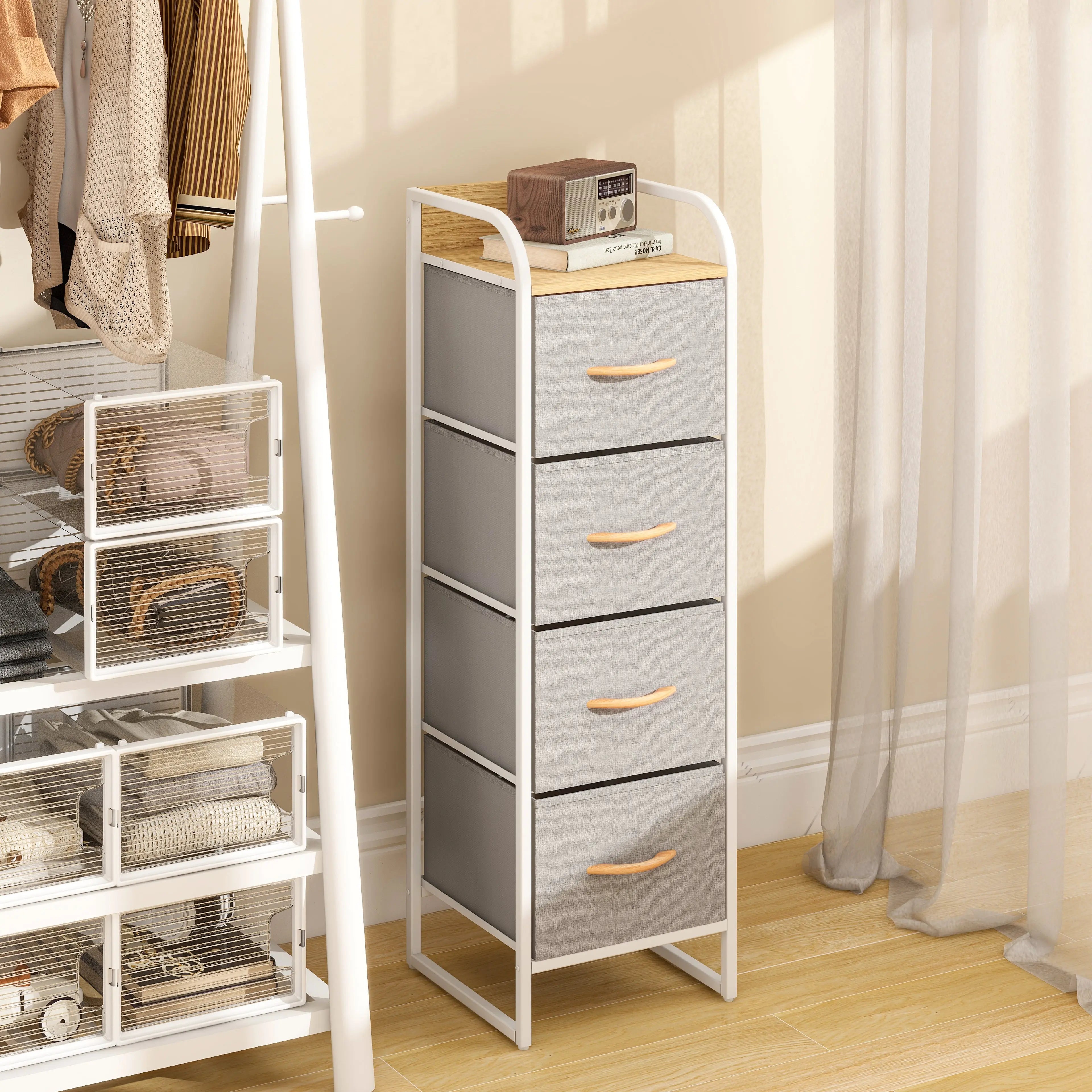 Cómoda compacta de 4 cajones almacenamiento para hogar y oficina, organizador cajonera de estructura metal y cajones de tela lino poliéster y tela no tejida MU:4LIFE