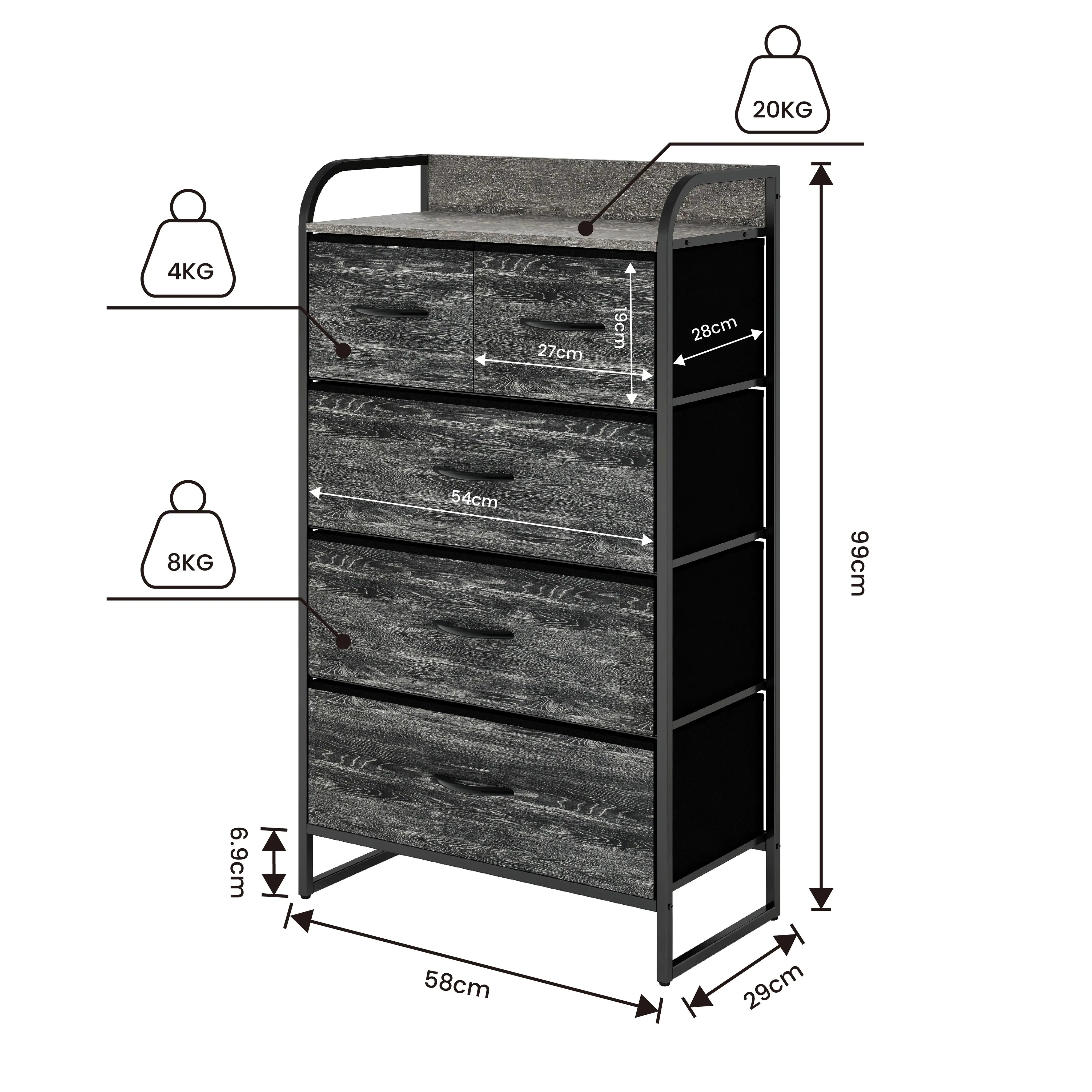 Cómoda de 5 cajones almacenamiento para hogar y oficina, organizador cajonera de estructura metal y cajones de tela lino poliéster y tela No Tejida MU:4LIFE