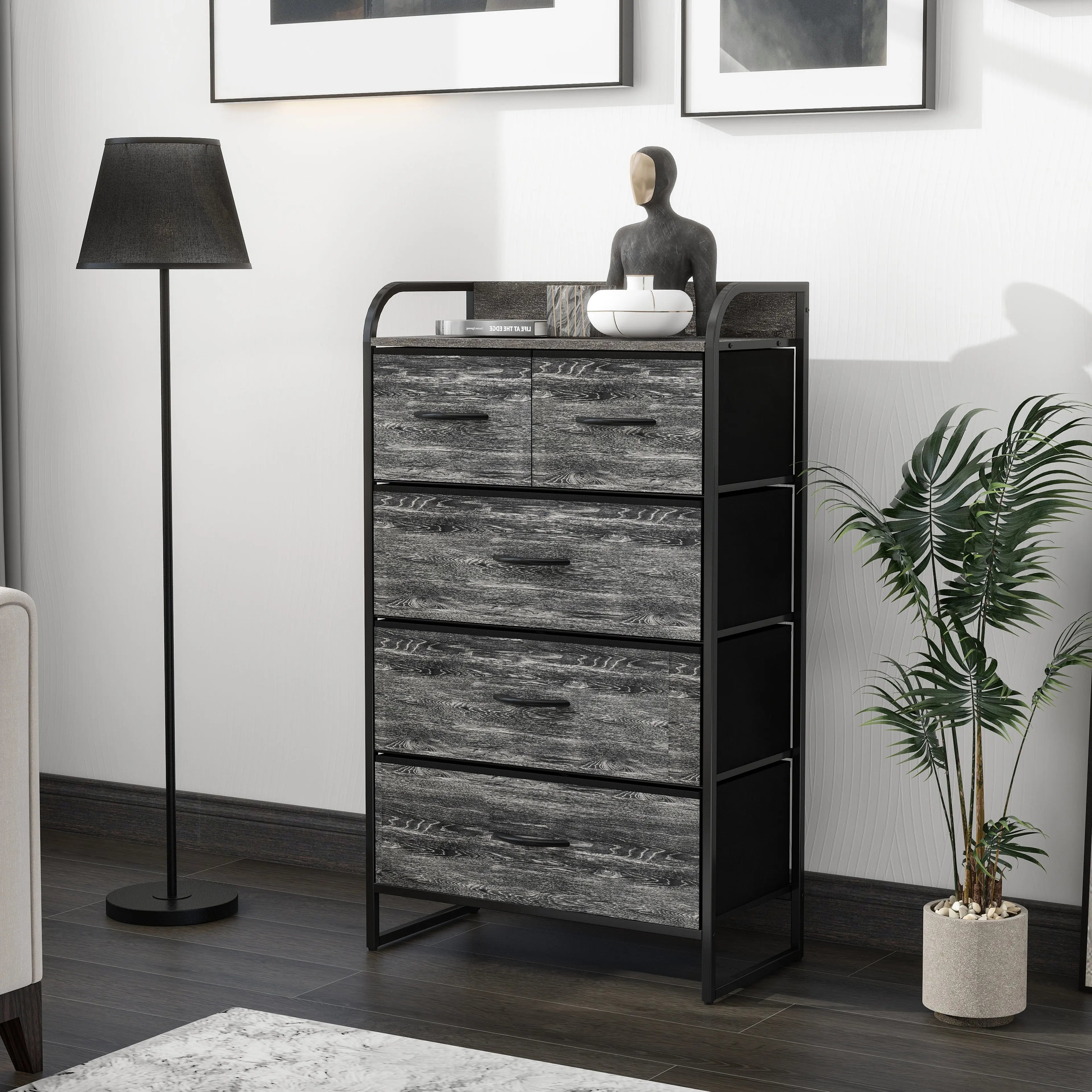Cómoda de 5 cajones almacenamiento para hogar y oficina, organizador cajonera de estructura metal y cajones de tela lino poliéster y tela No Tejida MU:4LIFE