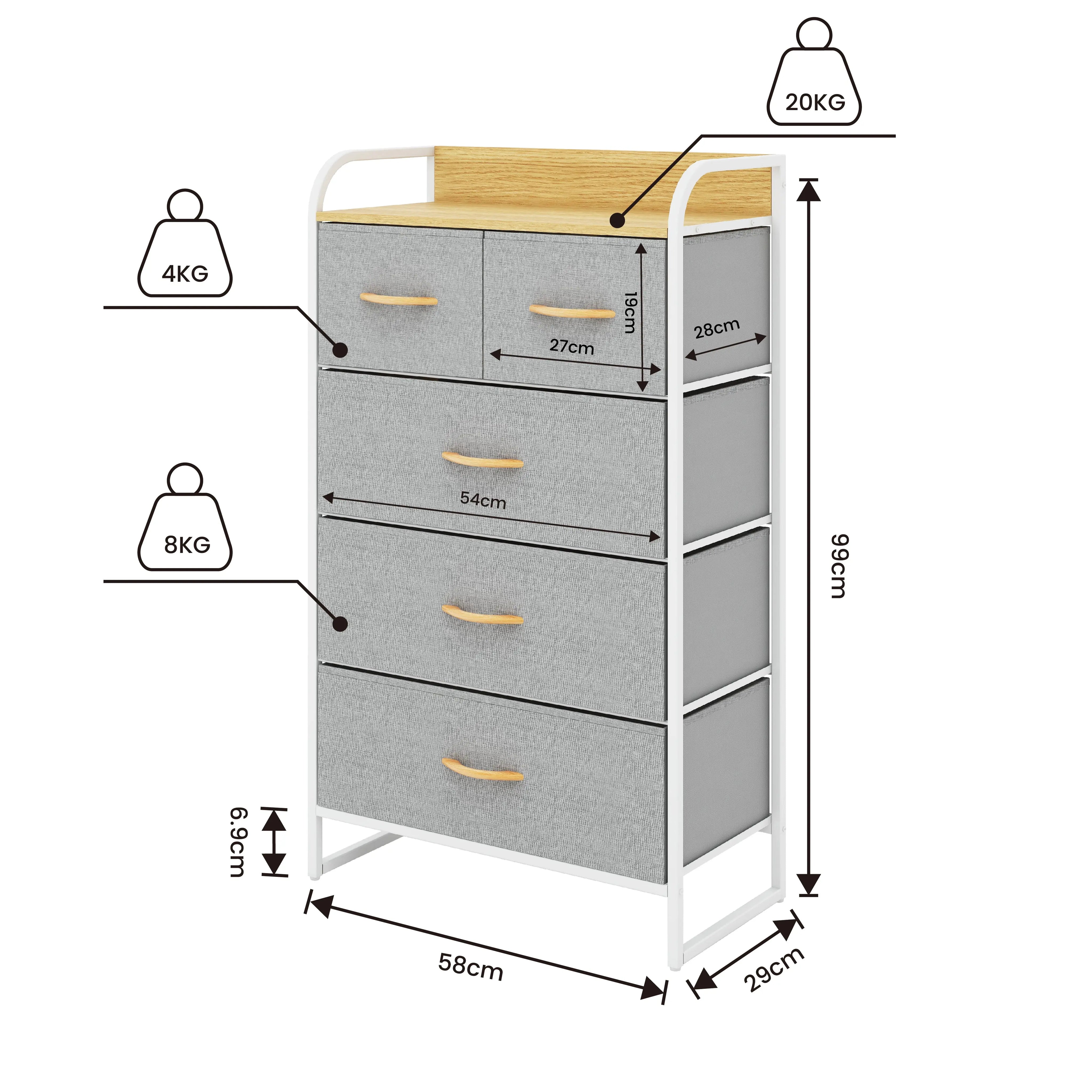 Cómoda de 5 cajones almacenamiento para hogar y oficina, organizador cajonera de estructura metal y cajones de tela lino poliéster y tela No Tejida MU:4LIFE