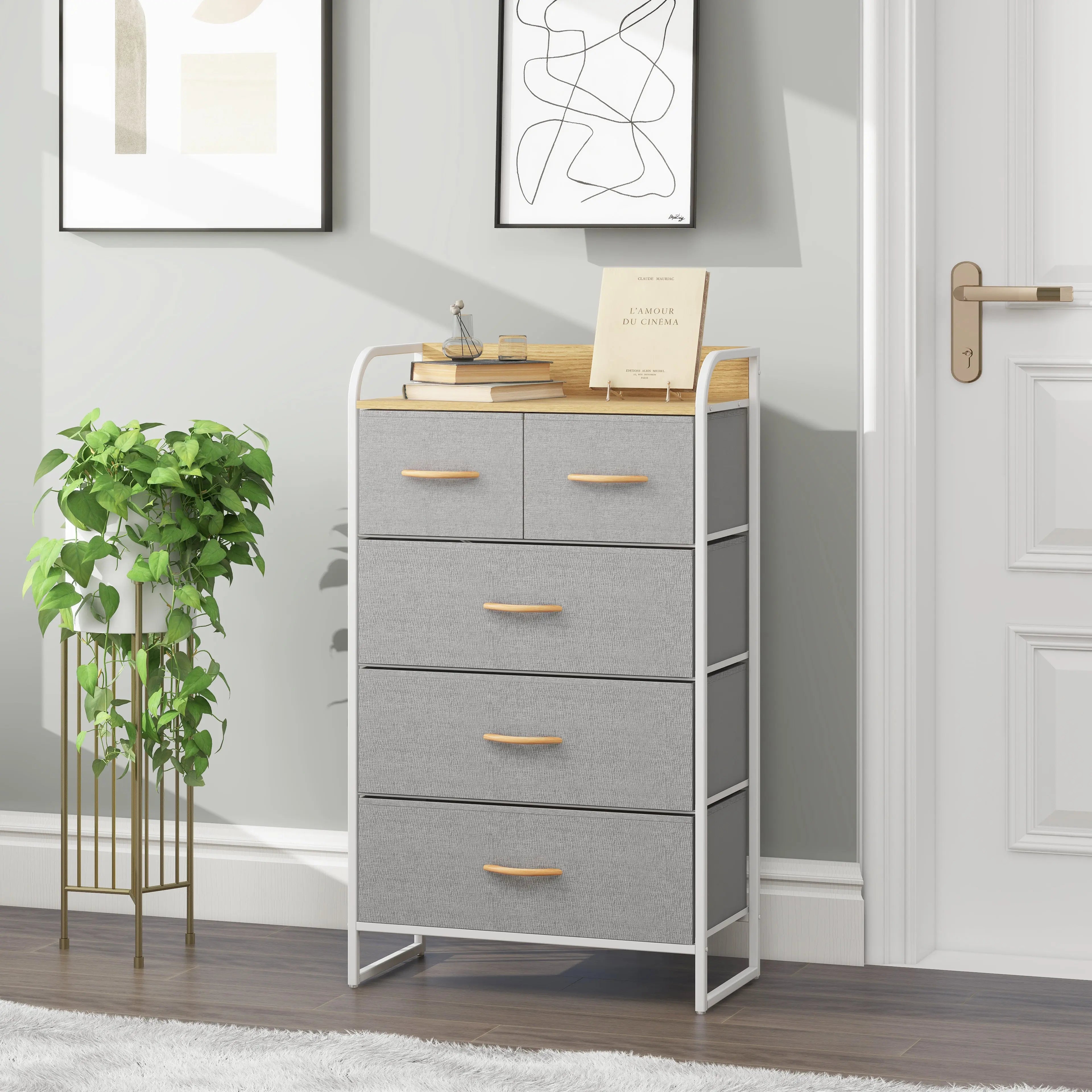 Cómoda de 5 cajones almacenamiento para hogar y oficina, organizador cajonera de estructura metal y cajones de tela lino poliéster y tela No Tejida MU:4LIFE