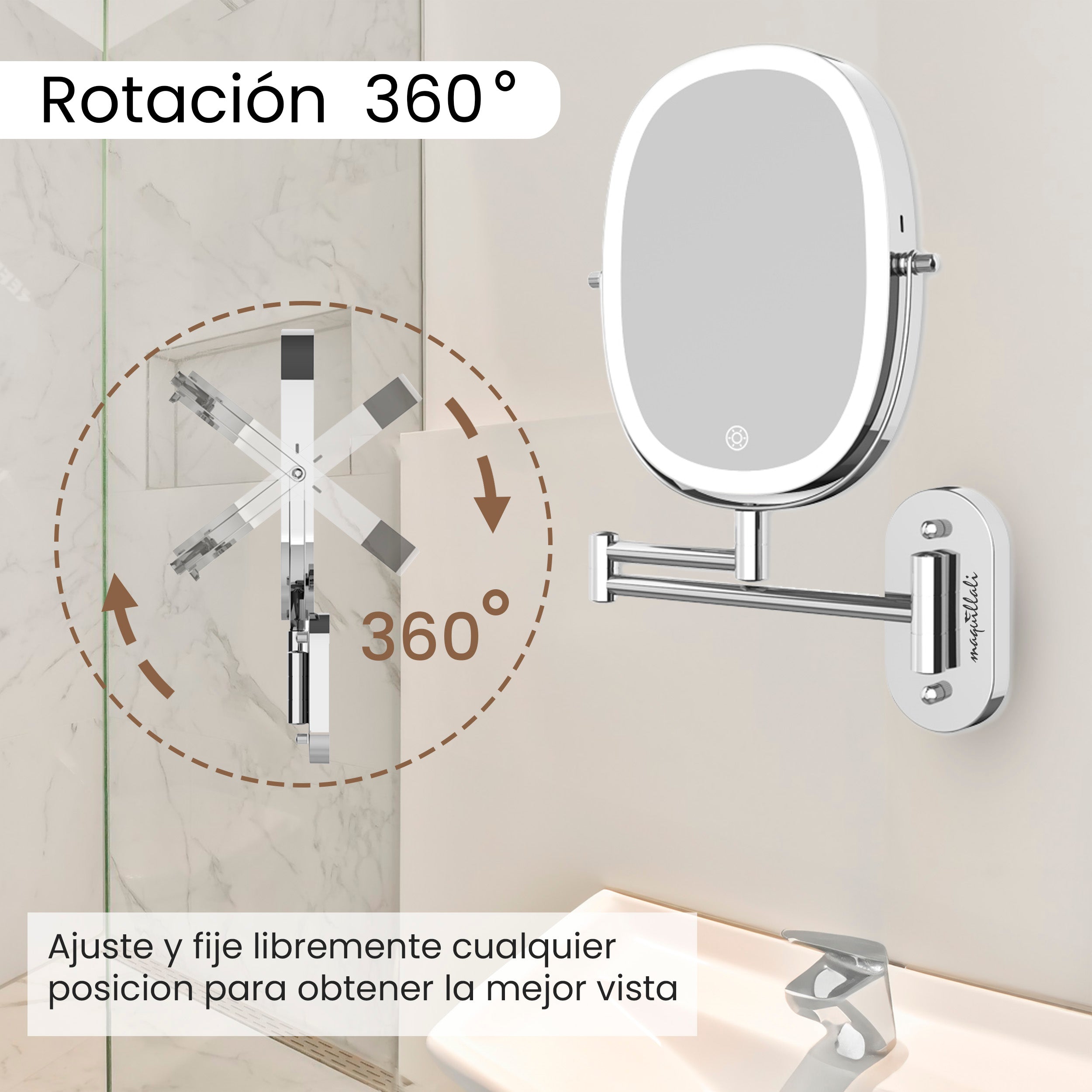 Maquillali-Espejo Oval Recargable con LED 3 Colores, Aumento 1X/5X, Brazo Extensible y Rotación 360