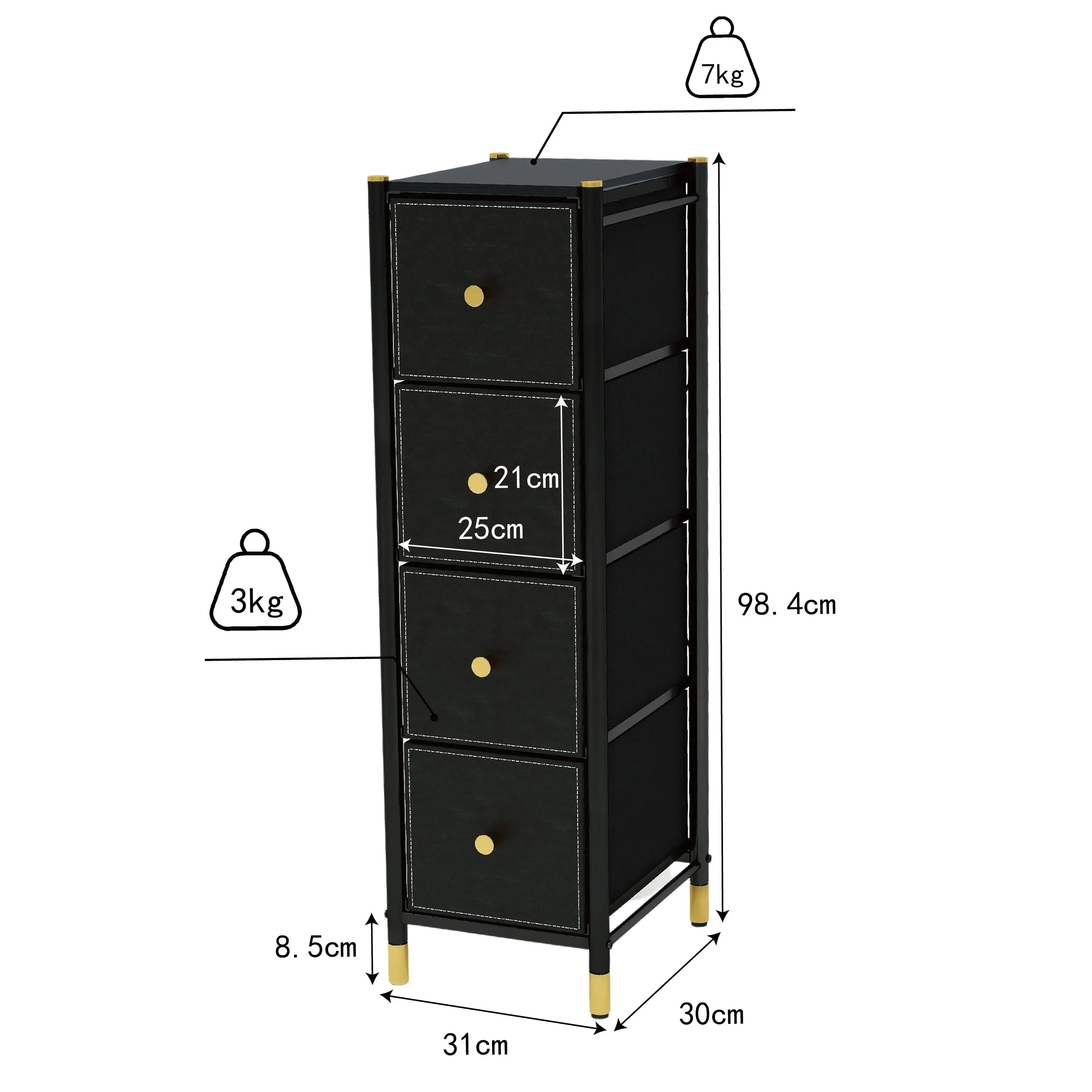 Cómoda Estrecha de 4 Cajones para Almacenamiento en Hogar y Oficina, Organizador con Estructura Metálica, Tabla de MDF y Cajones de Tela No Tejida con Cubiertas de Cuero PU MU:4LIFE