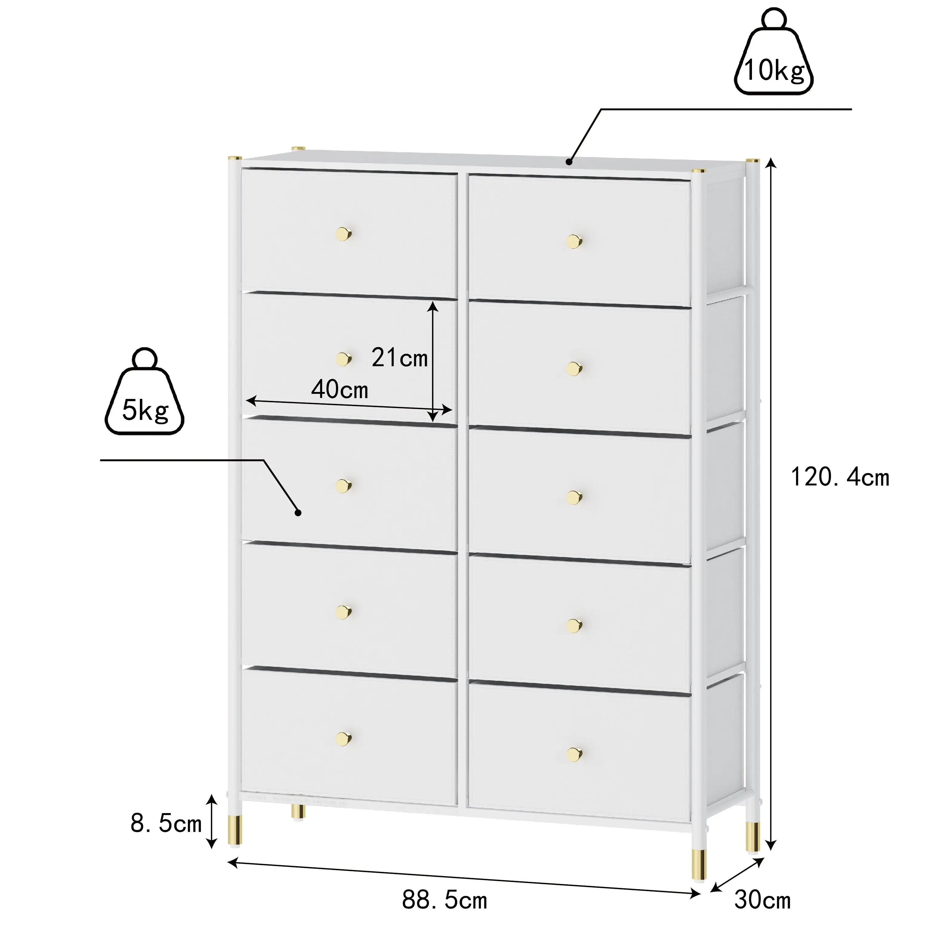 Cómoda de 10 Cajones para Almacenamiento en Hogar y Oficina, Organizador con Estructura Metálica, Tabla de MDF y Cajones de Tela No Tejida con Cubiertas de Cuero PU MU:4LIFE