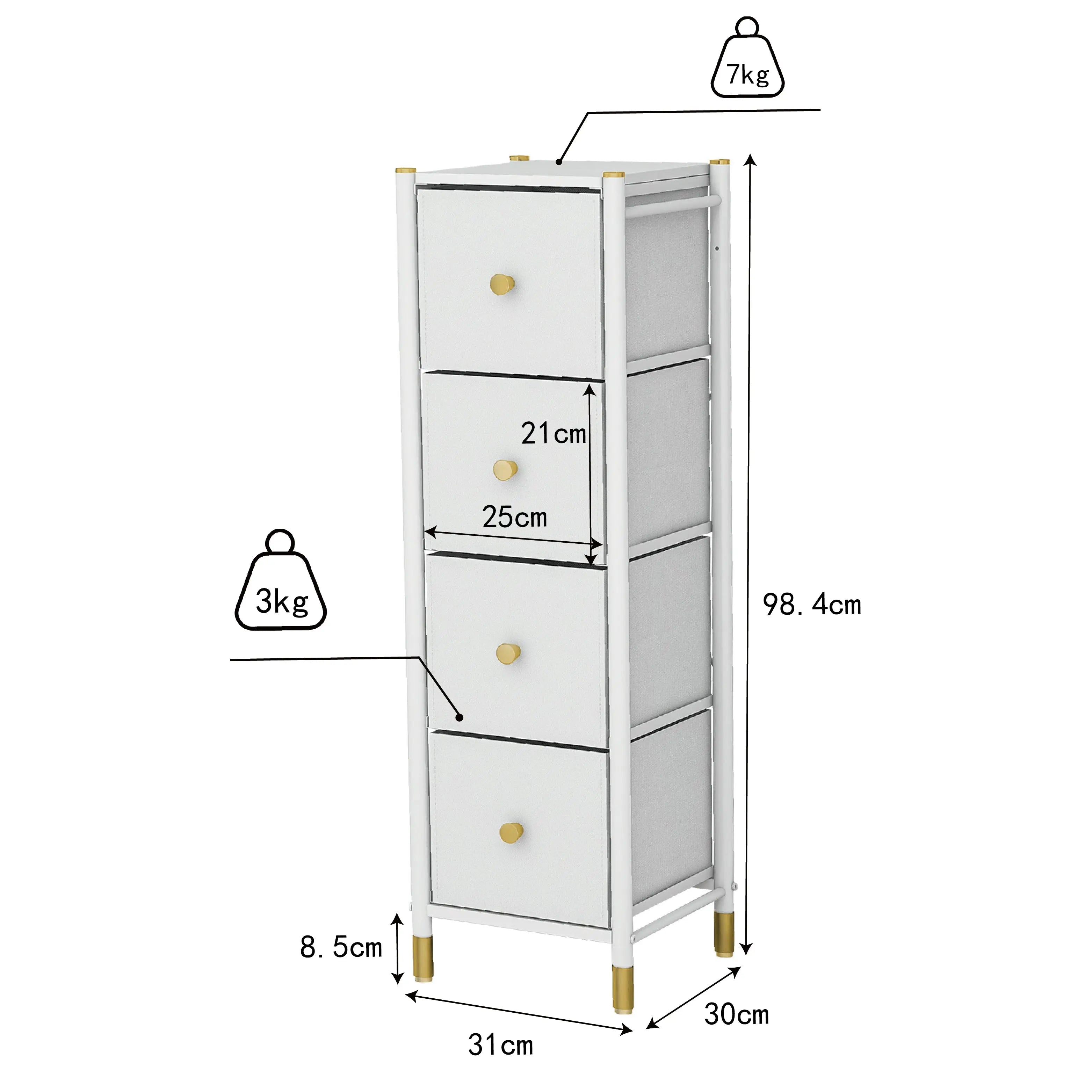 Cómoda Estrecha de 4 Cajones para Almacenamiento en Hogar y Oficina, Organizador con Estructura Metálica, Tabla de MDF y Cajones de Tela No Tejida con Cubiertas de Cuero PU MU:4LIFE