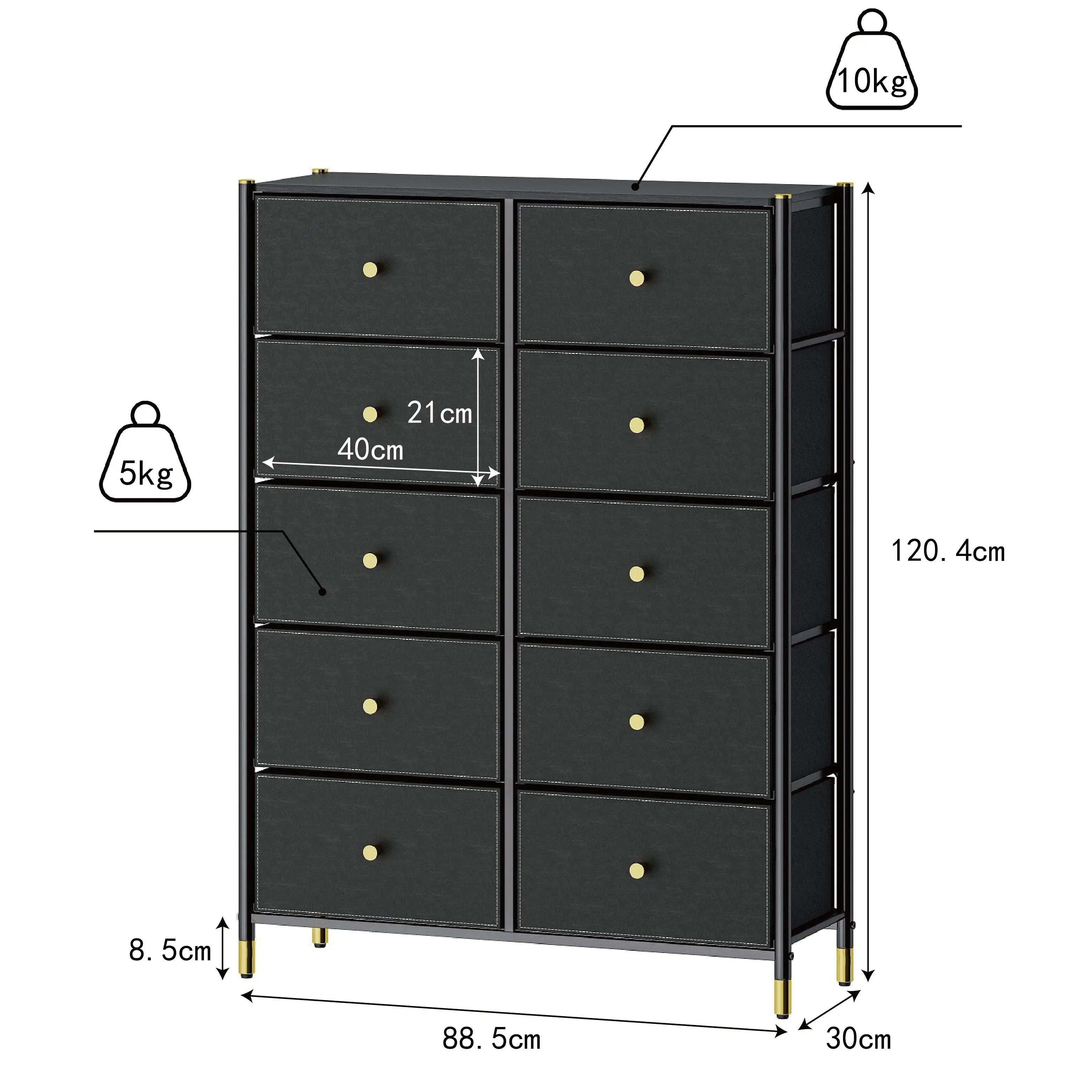 Cómoda de 10 Cajones para Almacenamiento en Hogar y Oficina, Organizador con Estructura Metálica, Tabla de MDF y Cajones de Tela No Tejida con Cubiertas de Cuero PU MU:4LIFE
