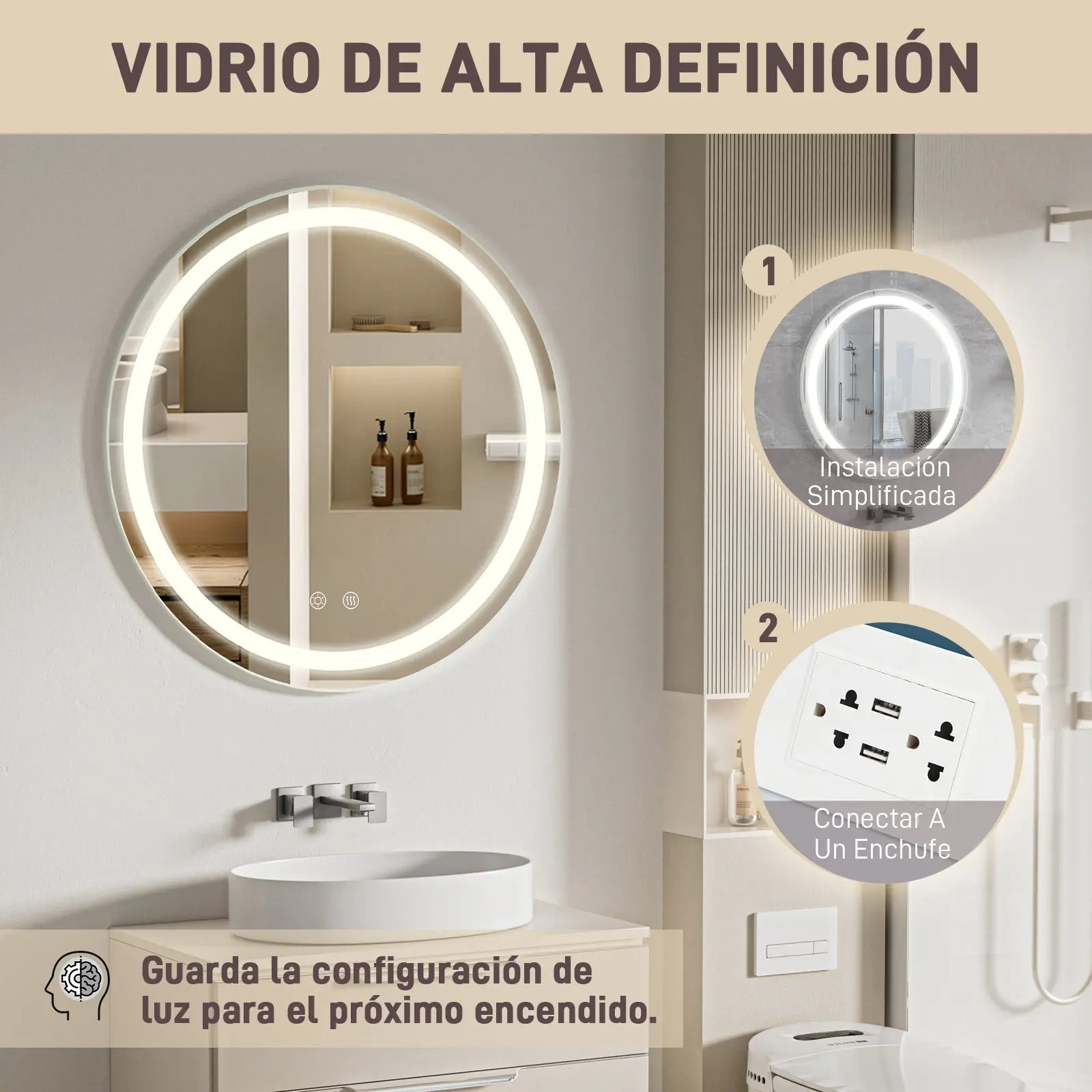 Maquillali Espejo LED De Vanidad para Baño Montado En La Pared, Estilo Redondo, Led De 3 Colores En Iluminación con Ajustable En Brillo Y Antivaho (60 cm, Redondo) MU:4LIFE MX