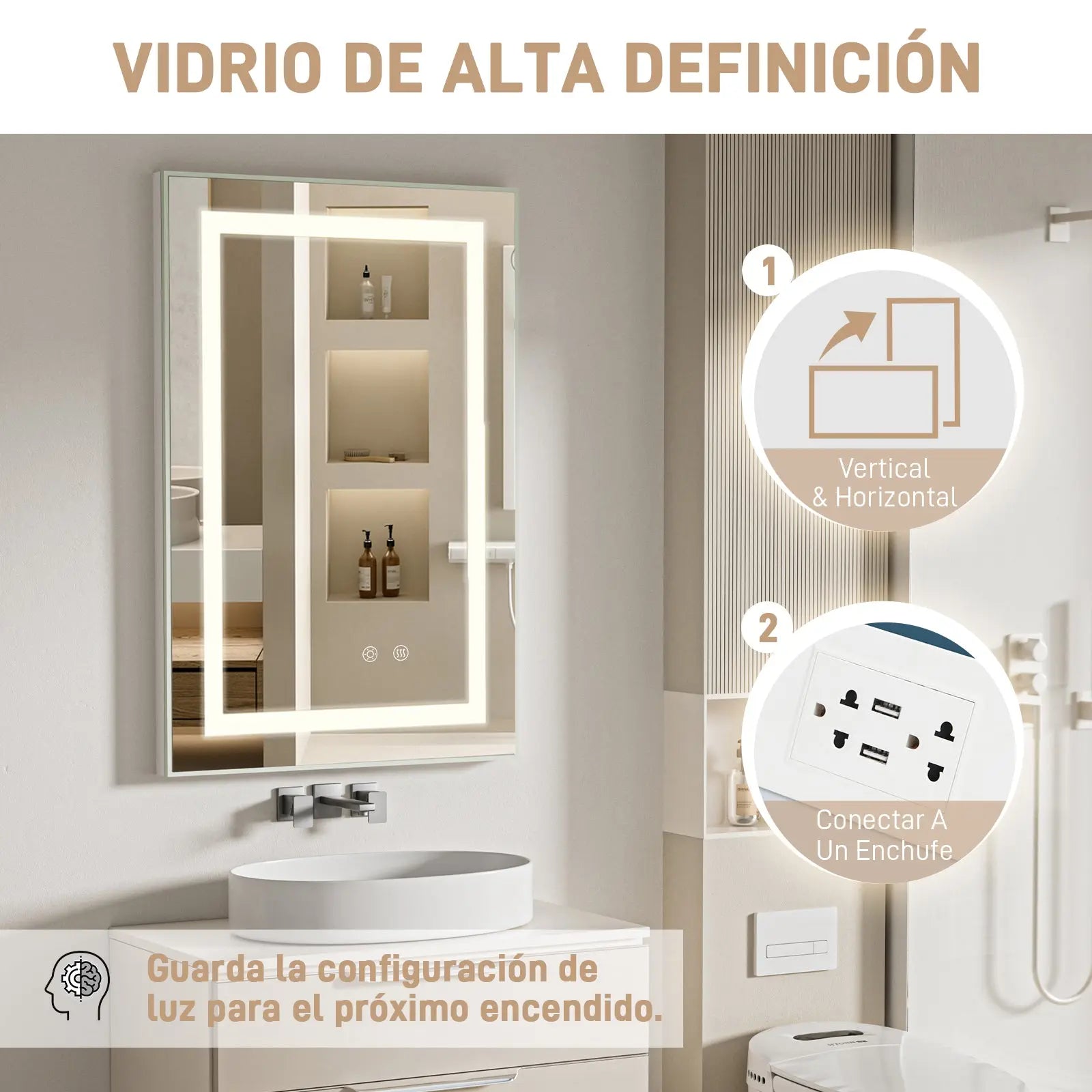 Maquillali Espejo LED De Vanidad para Baño Montado En La Pared, Estilo Rectangular, Led De 3 Colores En Iluminación con Ajustable En Brillo Y Antivaho (40x60 cm, Rectangular) MU:4LIFE MX
