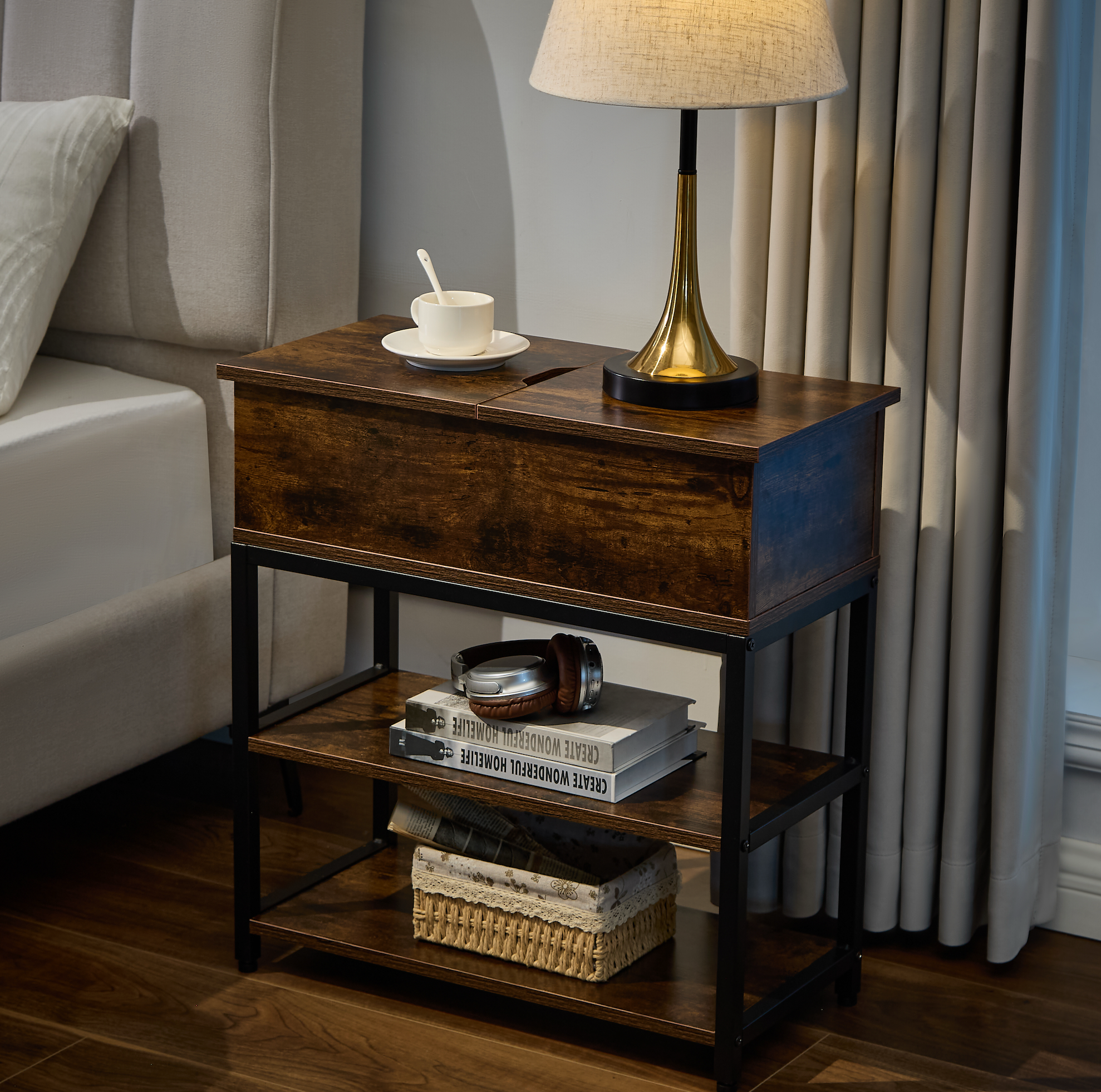 Mesa Auxiliar Atigrada con Regleta Eléctrica y Estación de Carga USB – Ideal para Cargar Dispositivos