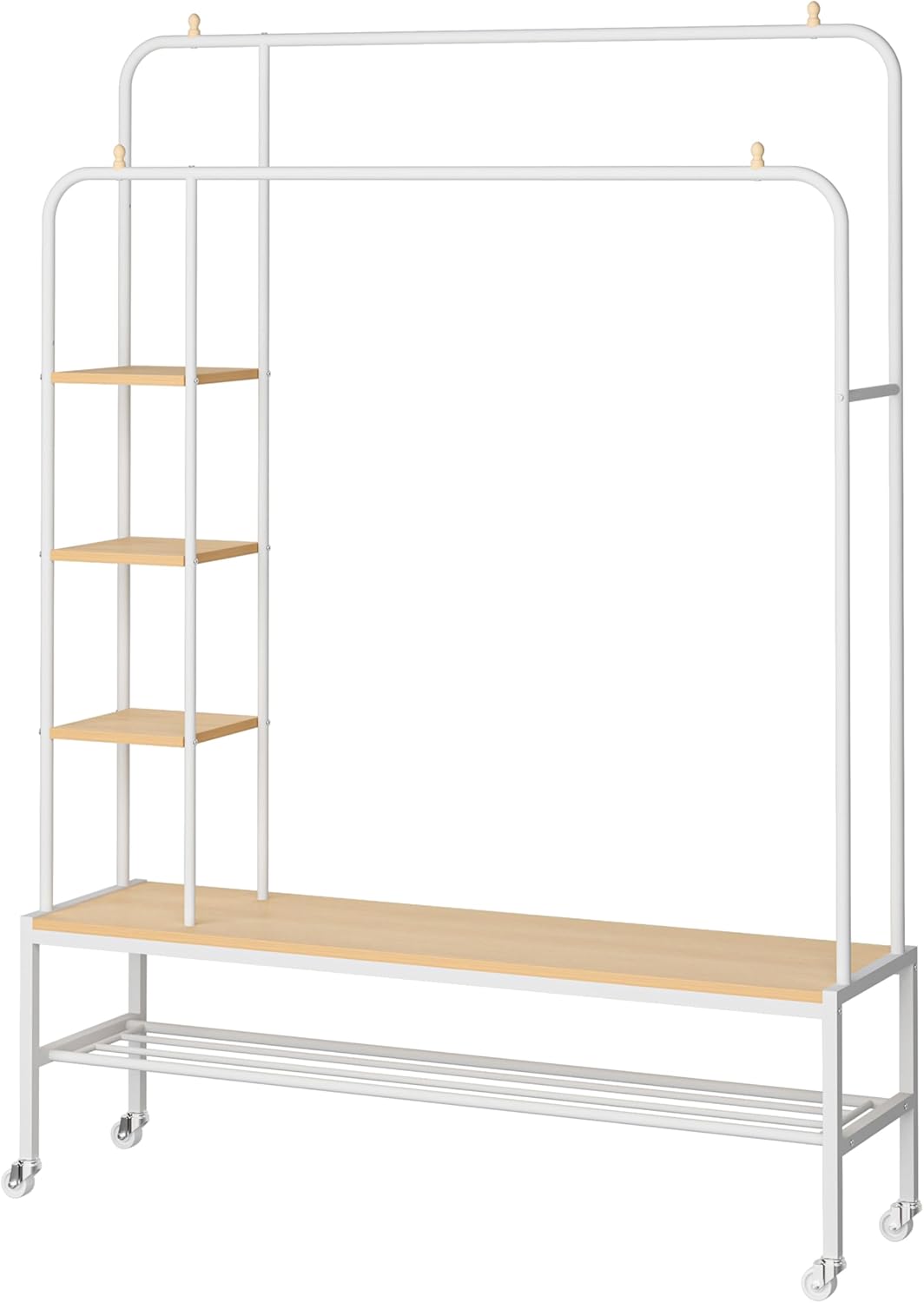 Perchero de Ropa con Ruedas y Doble Barra con 3 Repisas para Bolsos y Gorras y Un Estante Zapatero