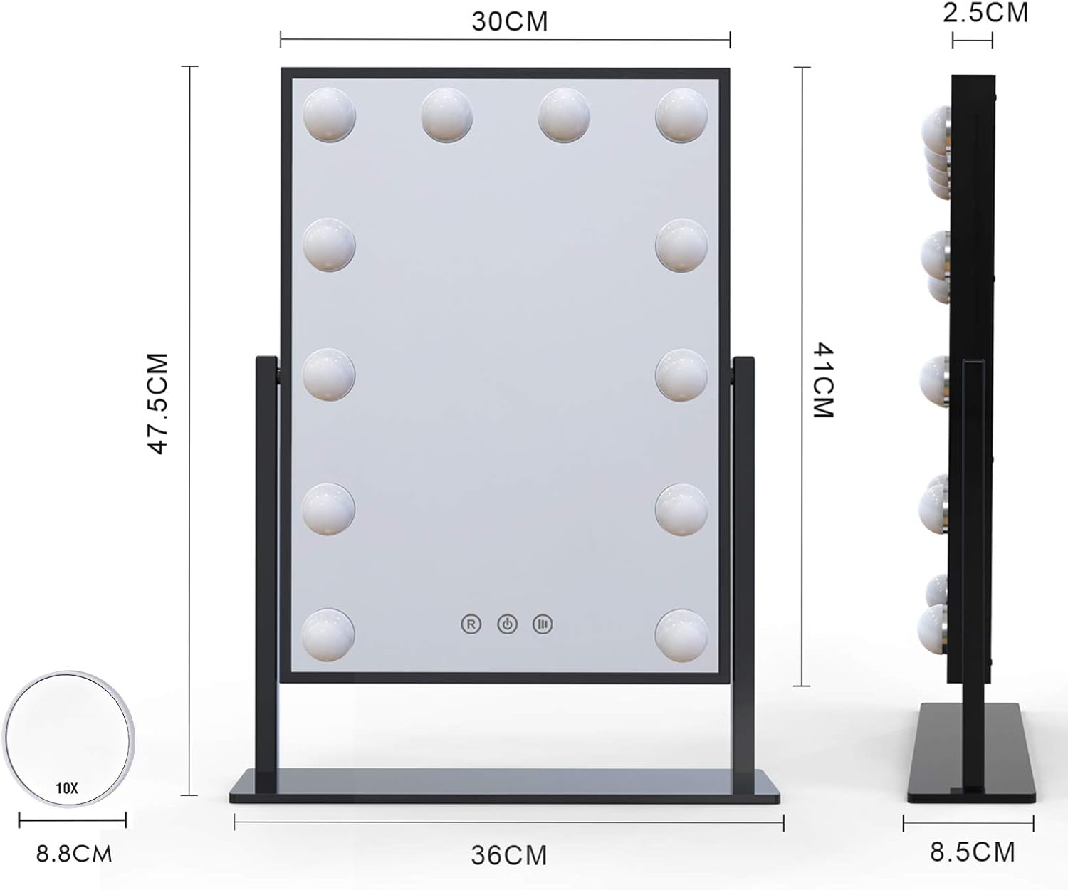 Espejo de maquillaje 12 Bombillas Led Estilo Hollywood Vintage, con espejo de aumento 10x