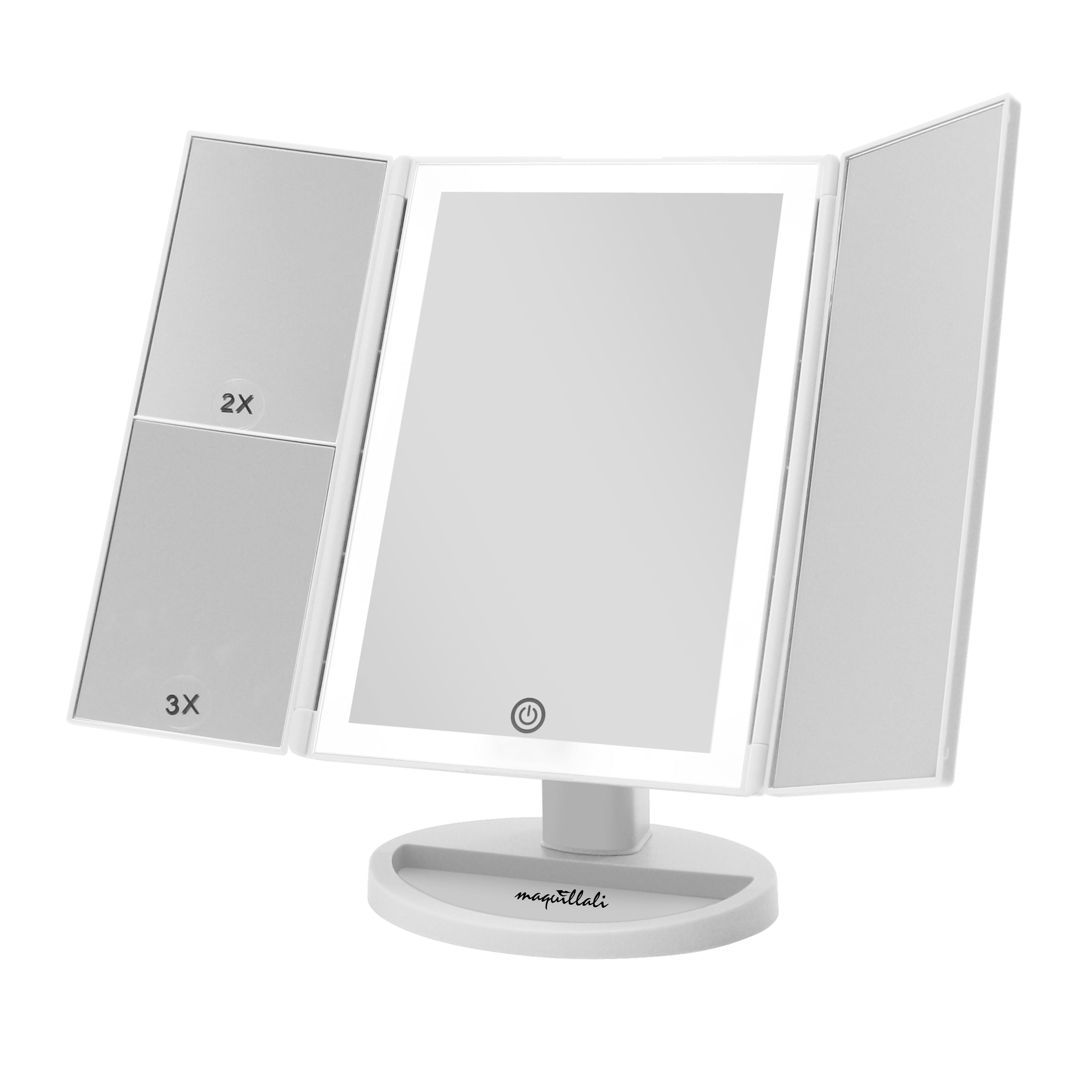 Espejo de Maquillaje Tríptico con 72 LEDs, Iluminación Ajustable y Aumento 1X/2X/3X