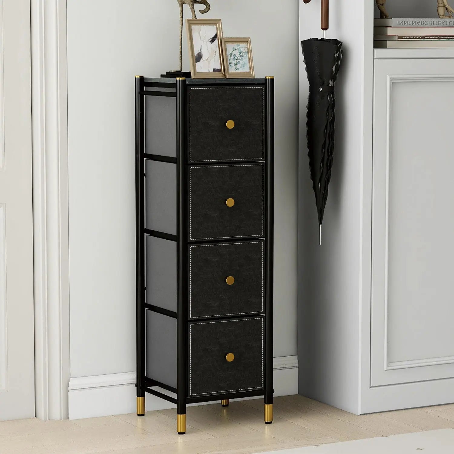 Cómoda Estrecha de 4 Cajones para Almacenamiento en Hogar y Oficina, Organizador con Estructura Metálica, Tabla de MDF y Cajones de Tela No Tejida con Cubiertas de Cuero PU MU:4LIFE