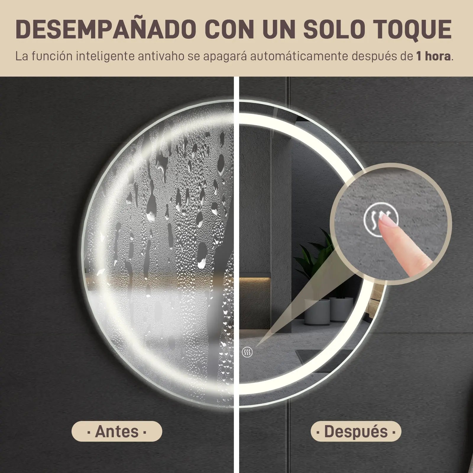 Maquillali Espejo LED De Vanidad para Baño Montado En La Pared, Estilo Redondo, Led De 3 Colores En Iluminación con Ajustable En Brillo Y Antivaho (60 cm, Redondo) MU:4LIFE MX