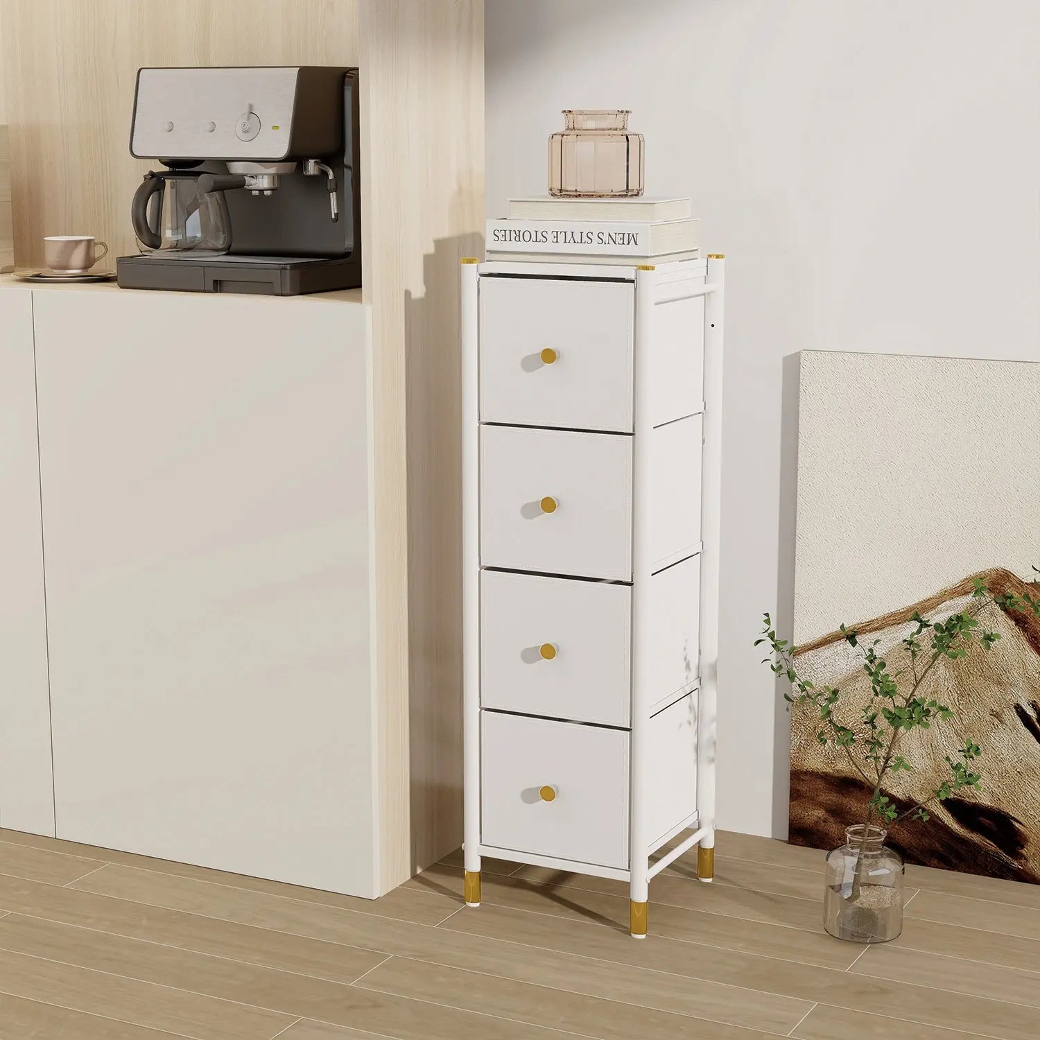 Cómoda Estrecha de 4 Cajones para Almacenamiento en Hogar y Oficina, Organizador con Estructura Metálica, Tabla de MDF y Cajones de Tela No Tejida con Cubiertas de Cuero PU MU:4LIFE