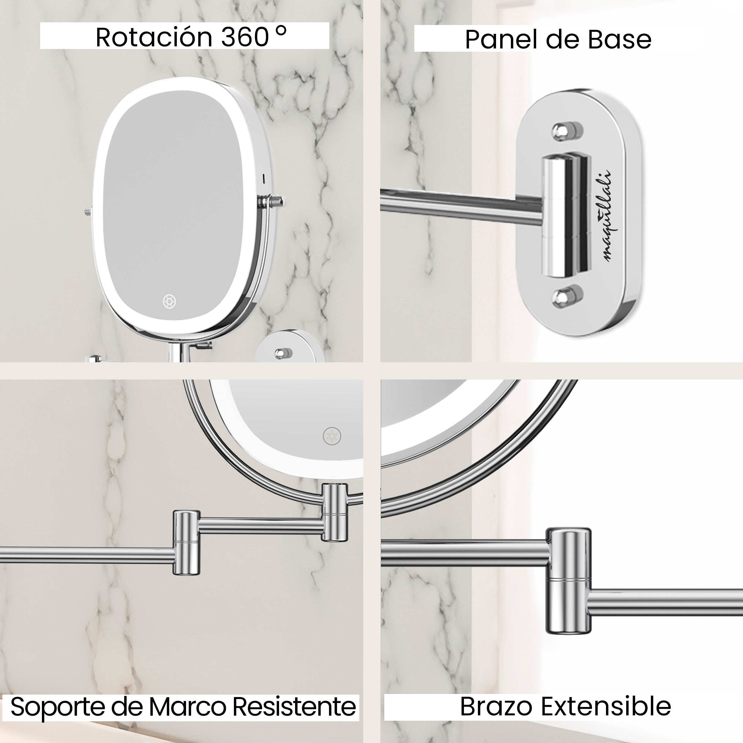 Maquillali-Espejo Oval Recargable con LED 3 Colores, Aumento 1X/5X, Brazo Extensible y Rotación 360