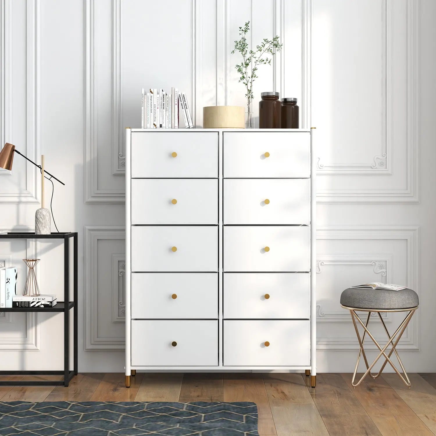 Cómoda de 10 Cajones para Almacenamiento en Hogar y Oficina, Organizador con Estructura Metálica, Tabla de MDF y Cajones de Tela No Tejida con Cubiertas de Cuero PU MU:4LIFE