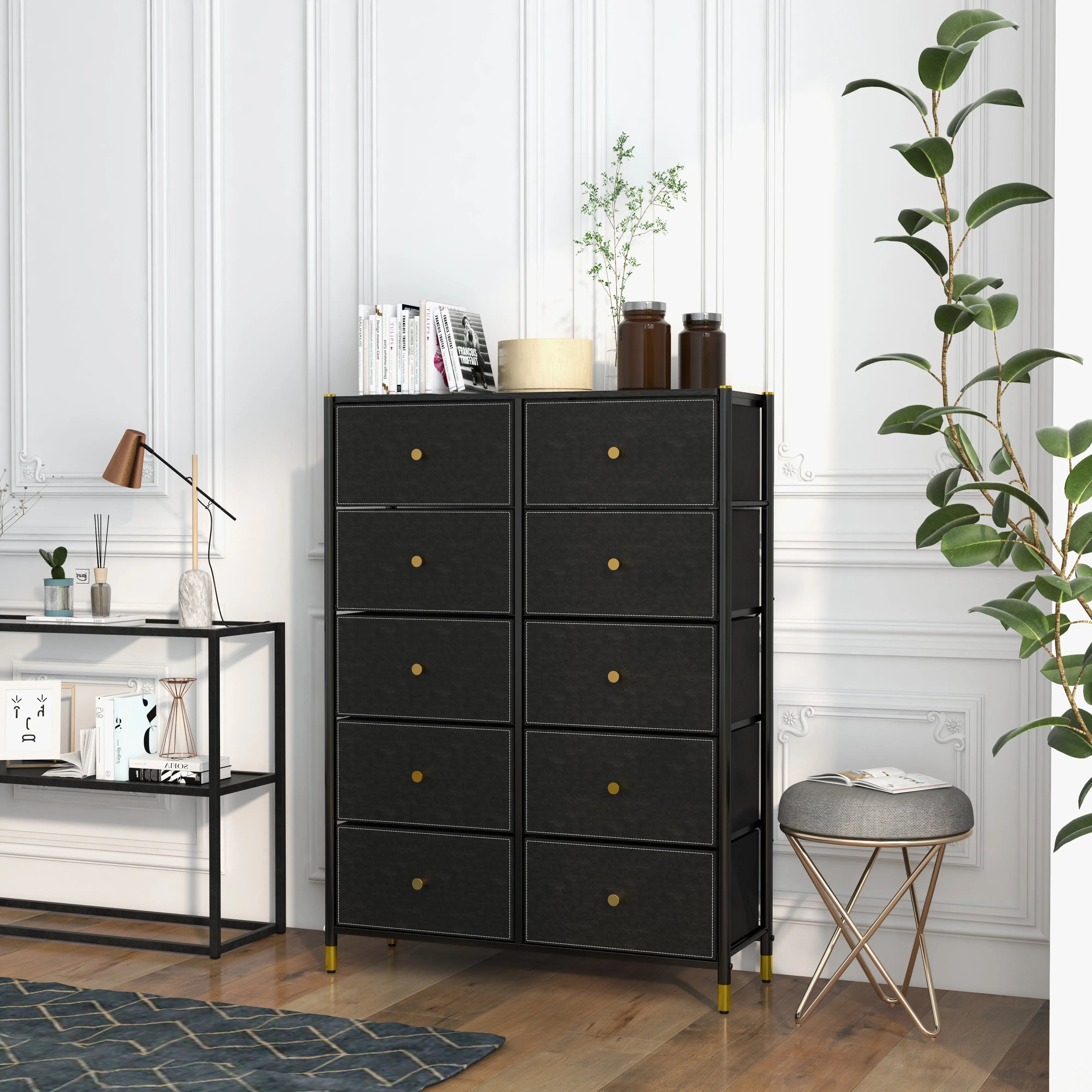 Cómoda de 10 Cajones para Almacenamiento en Hogar y Oficina, Organizador con Estructura Metálica, Tabla de MDF y Cajones de Tela No Tejida con Cubiertas de Cuero PU MU:4LIFE