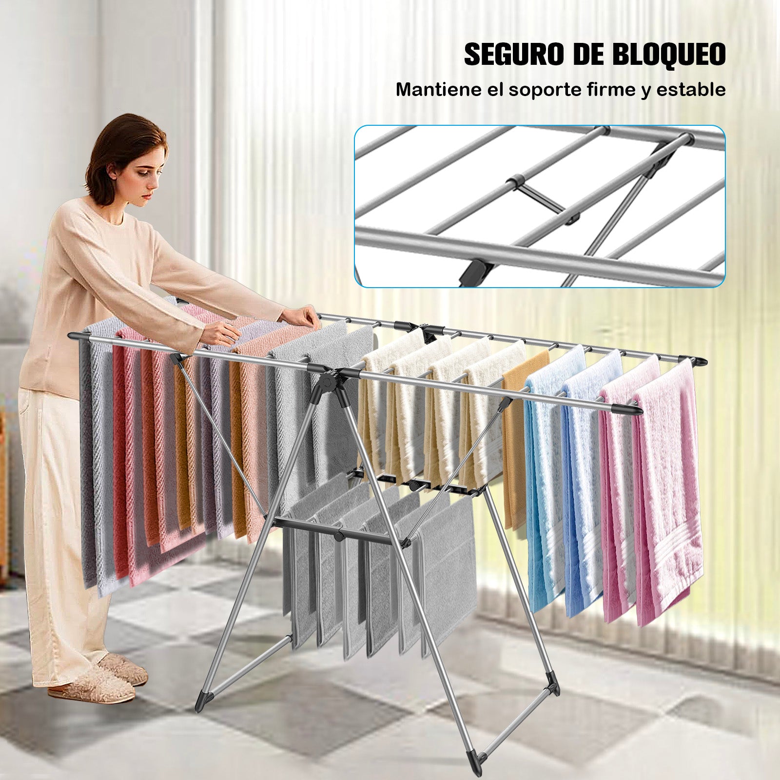 Tendedero de Ropa Plegable con Alas Ajustables, de Acero Inoxidable