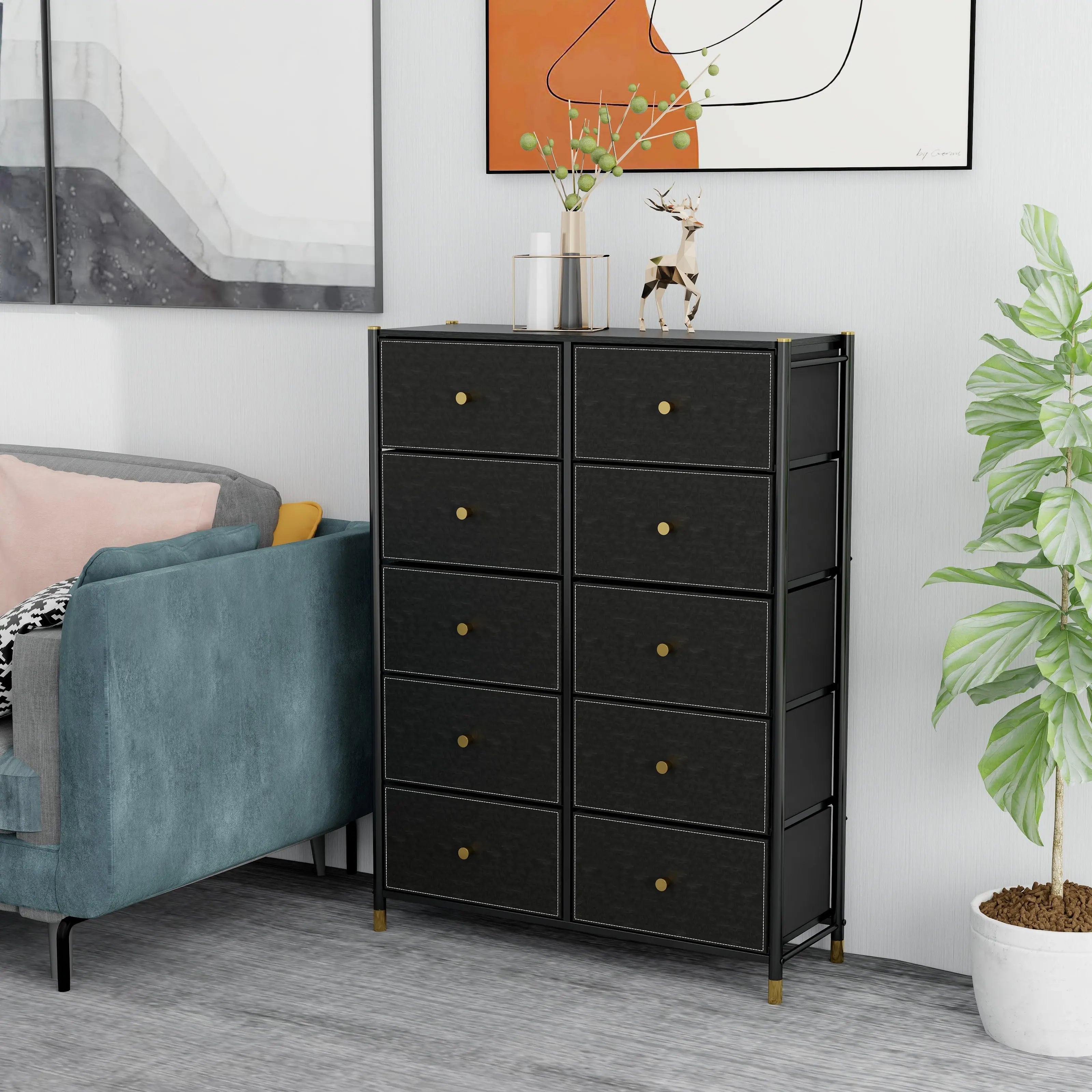 Cómoda de 10 Cajones para Almacenamiento en Hogar y Oficina, Organizador con Estructura Metálica, Tabla de MDF y Cajones de Tela No Tejida con Cubiertas de Cuero PU MU:4LIFE