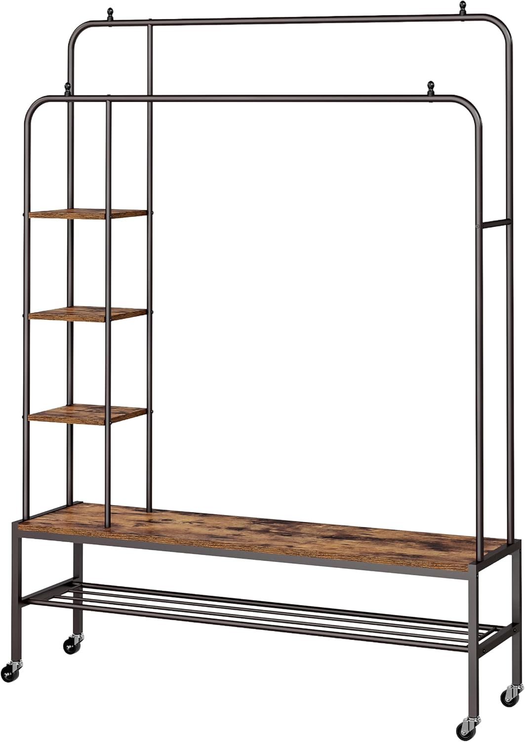 Perchero de Ropa con Ruedas y Doble Barra con 3 Repisas para Bolsos y Gorras y Un Estante Zapatero