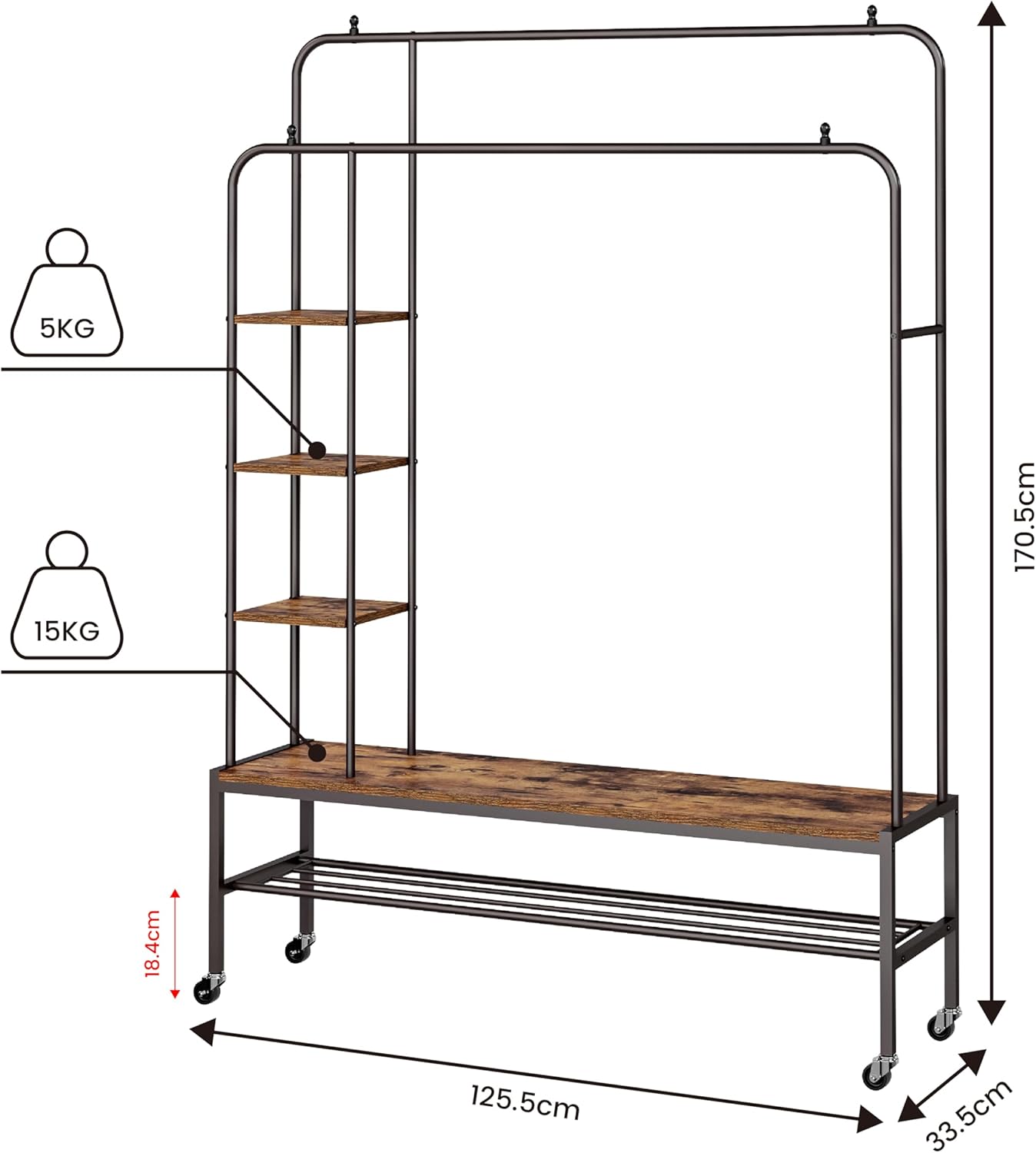 Perchero de Ropa con Ruedas y Doble Barra con 3 Repisas para Bolsos y Gorras y Un Estante Zapatero