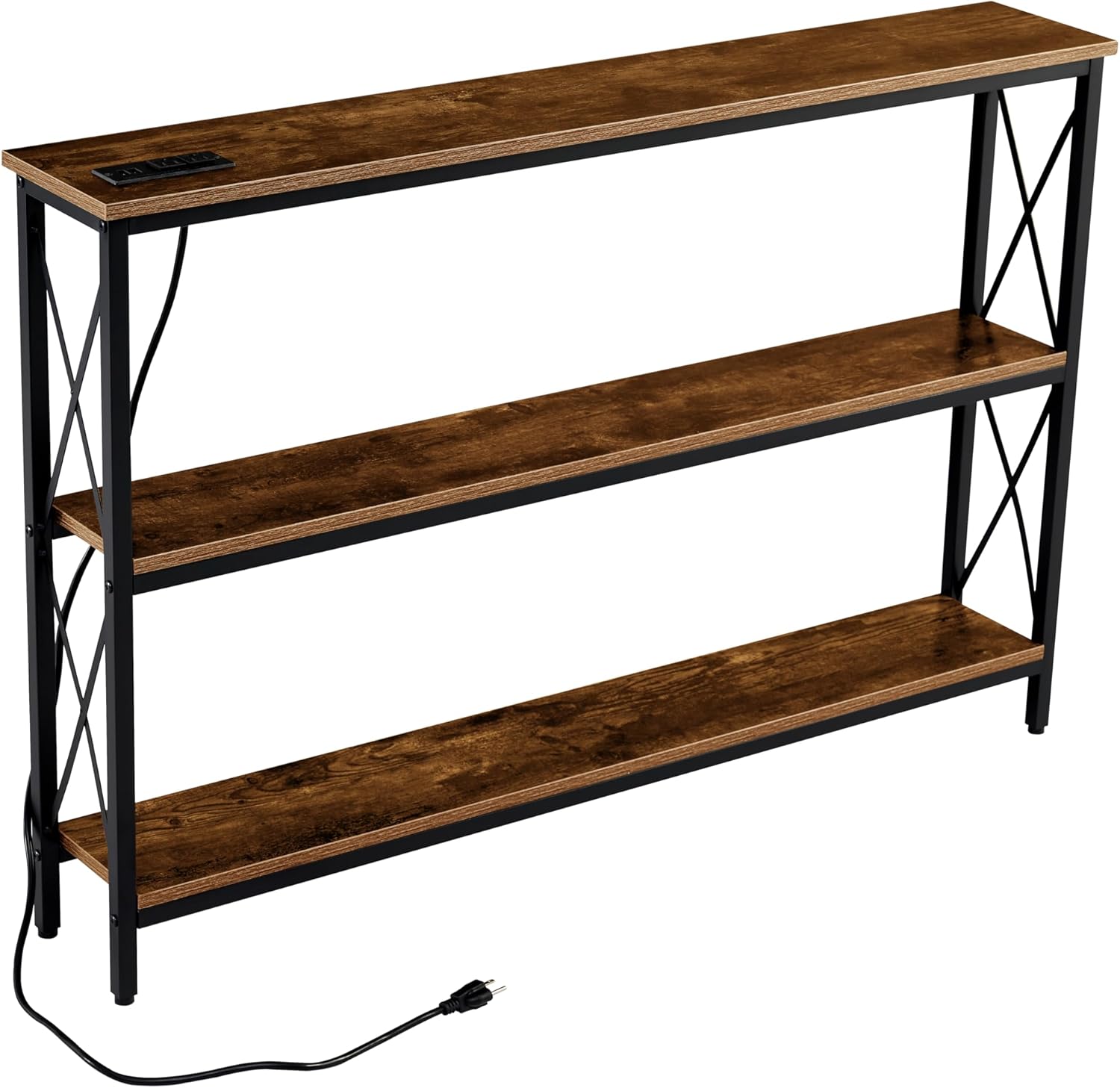 Mesa Consola 120 cm Estrecha de 3 Niveles – Con Regleta Eléctrica y Diseño Atigrado Moderno