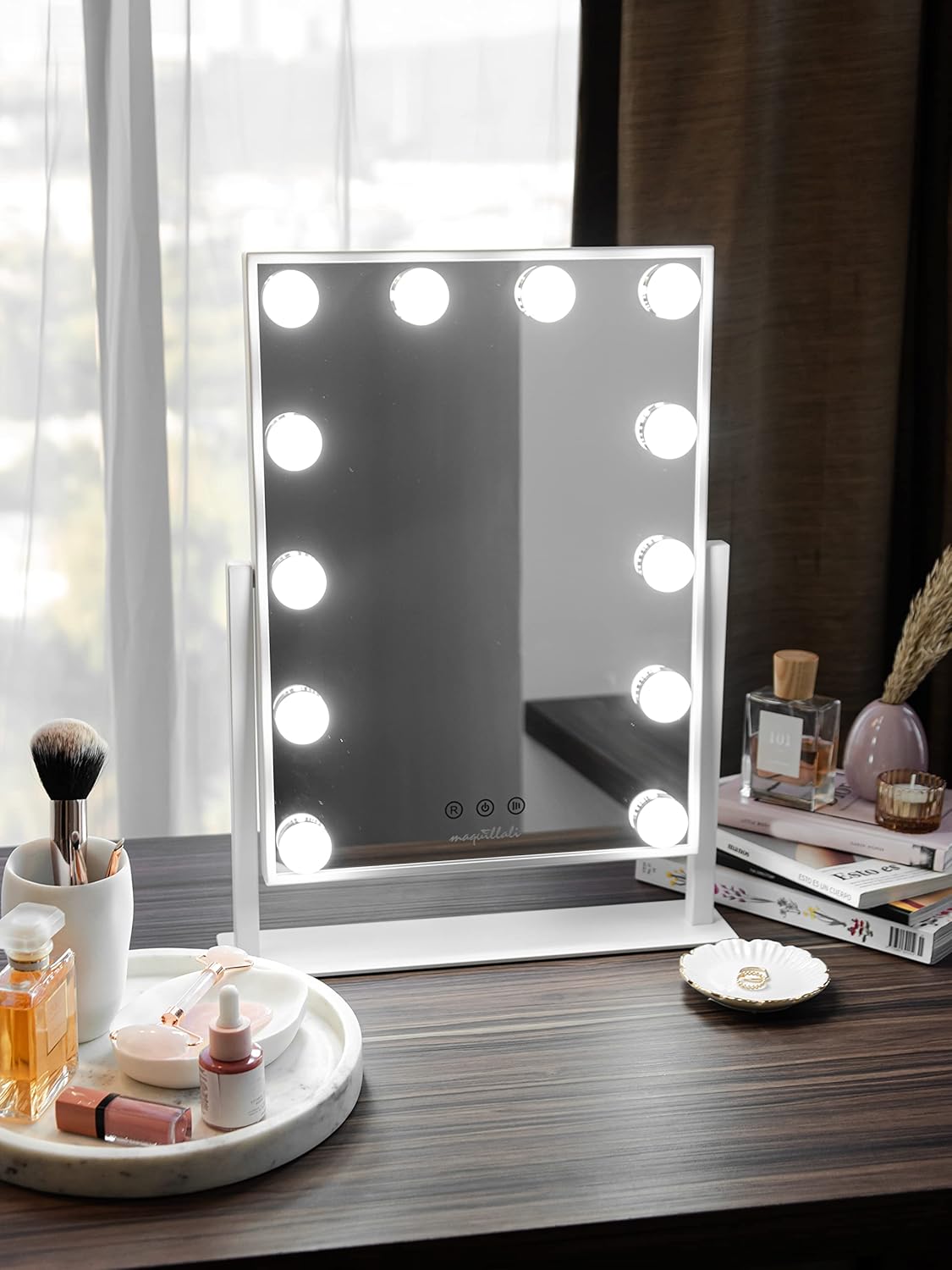 Espejo de maquillaje 12 Bombillas Led Estilo Hollywood Vintage, con espejo de aumento 10x