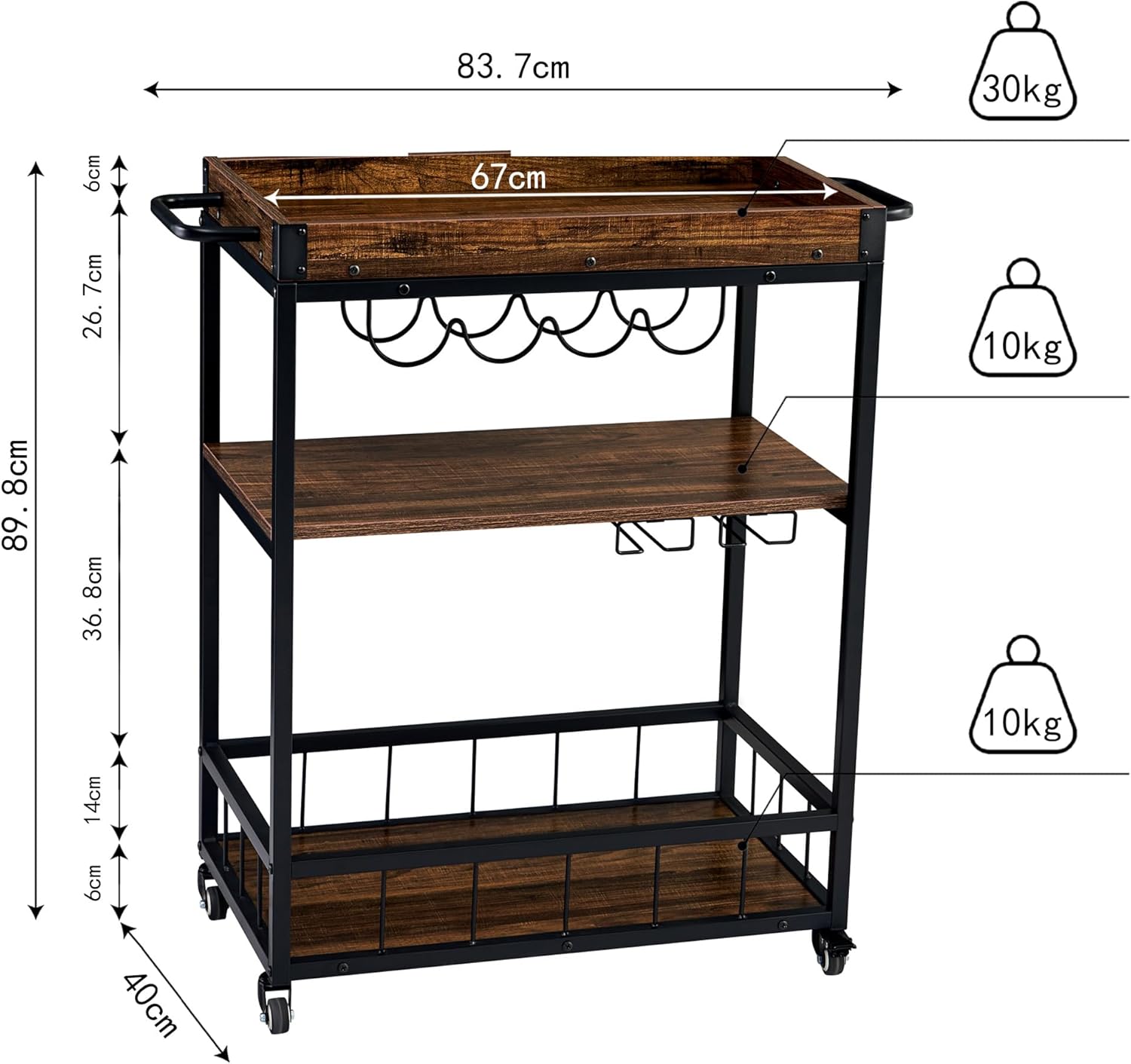 Carrito de Bar de 3 Niveles con Ruedas, Bandeja Extraíble y Soporte para Copas – MDF Marrón Rústico