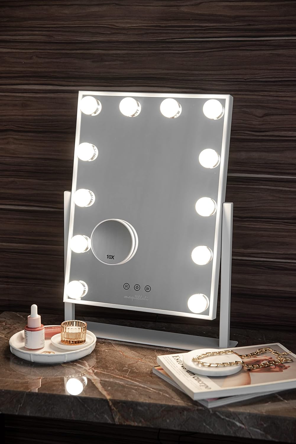 Espejo de maquillaje 12 Bombillas Led Estilo Hollywood Vintage, con espejo de aumento 10x