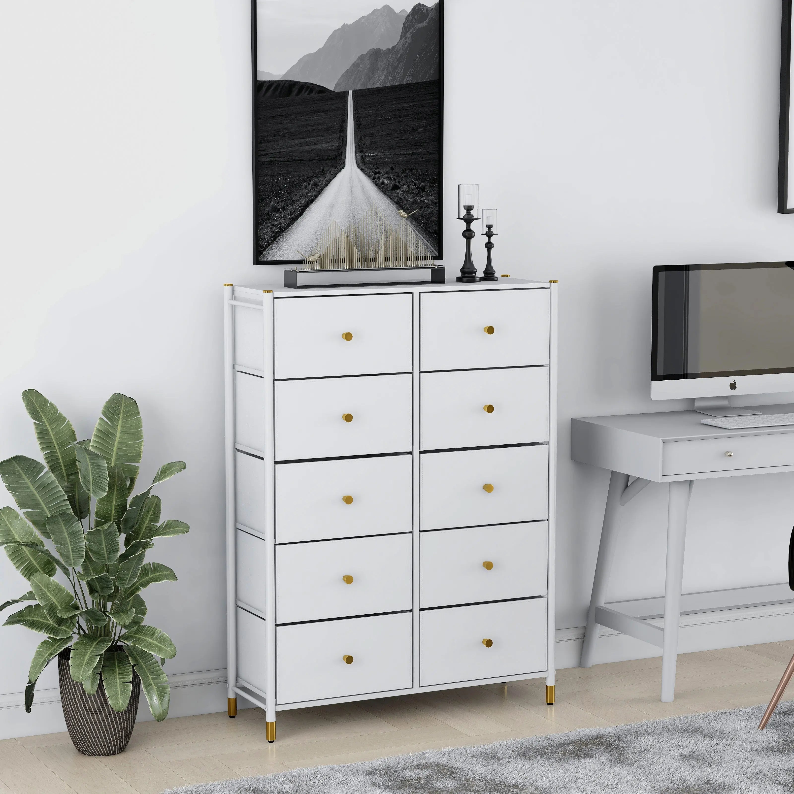 Cómoda de 10 Cajones para Almacenamiento en Hogar y Oficina, Organizador con Estructura Metálica, Tabla de MDF y Cajones de Tela No Tejida con Cubiertas de Cuero PU MU:4LIFE