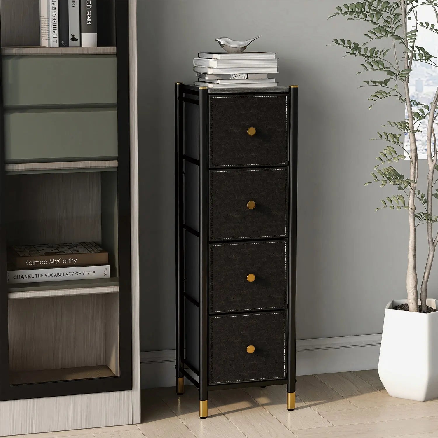 Cómoda Estrecha de 4 Cajones para Almacenamiento en Hogar y Oficina, Organizador con Estructura Metálica, Tabla de MDF y Cajones de Tela No Tejida con Cubiertas de Cuero PU MU:4LIFE