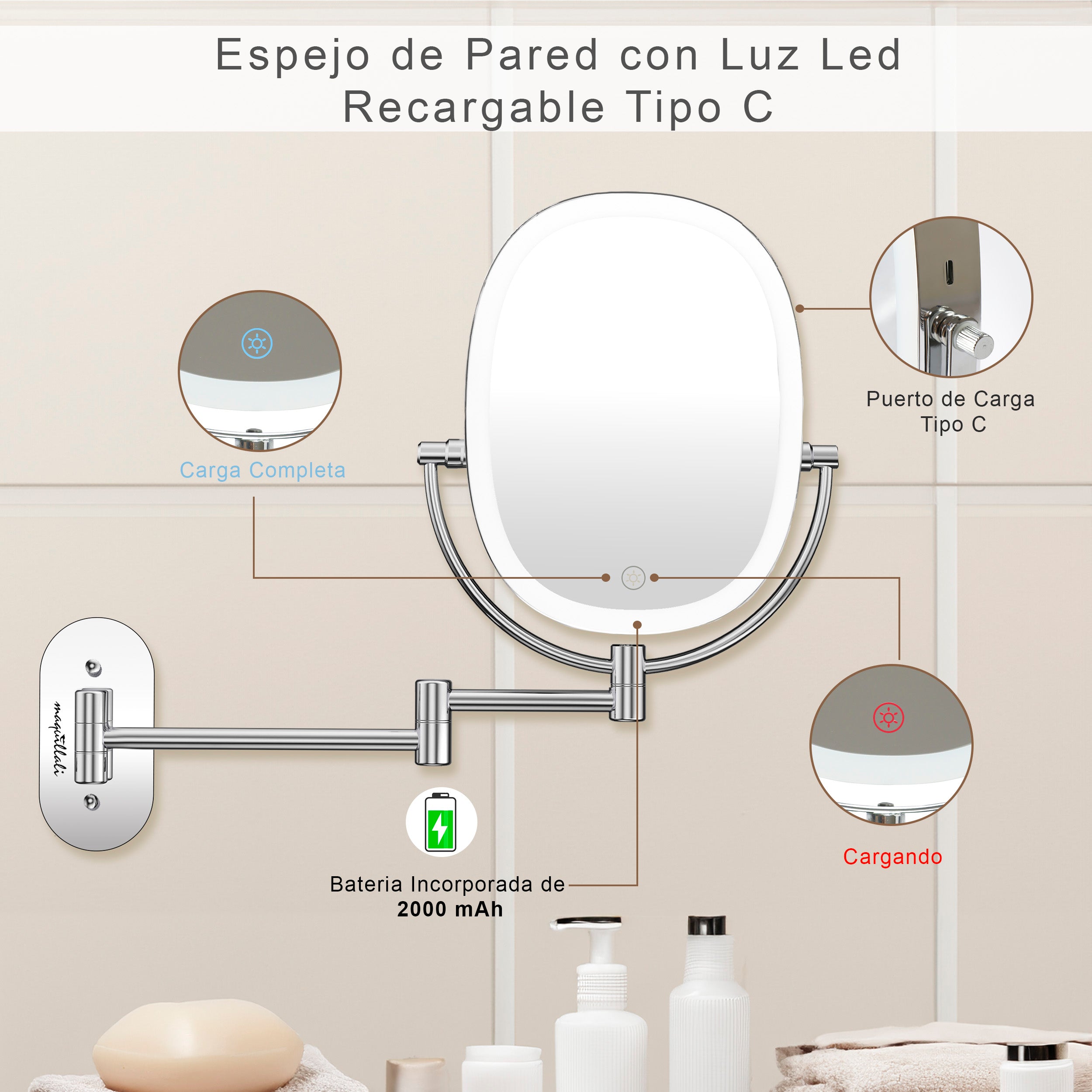 Maquillali-Espejo Oval Recargable con LED 3 Colores, Aumento 1X/5X, Brazo Extensible y Rotación 360
