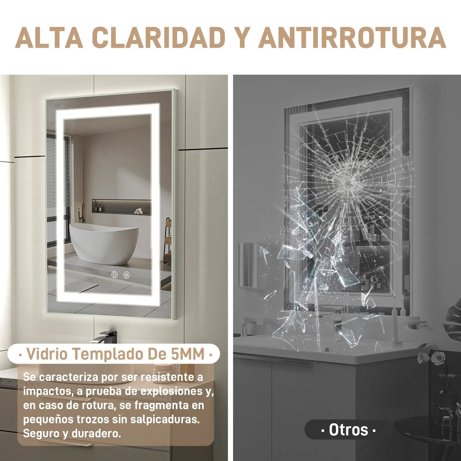 Maquillali Espejo LED De Vanidad para Baño Montado En La Pared, Estilo Rectangular, Led De 3 Colores En Iluminación con Ajustable En Brillo Y Antivaho (40x60 cm, Rectangular) MU:4LIFE MX