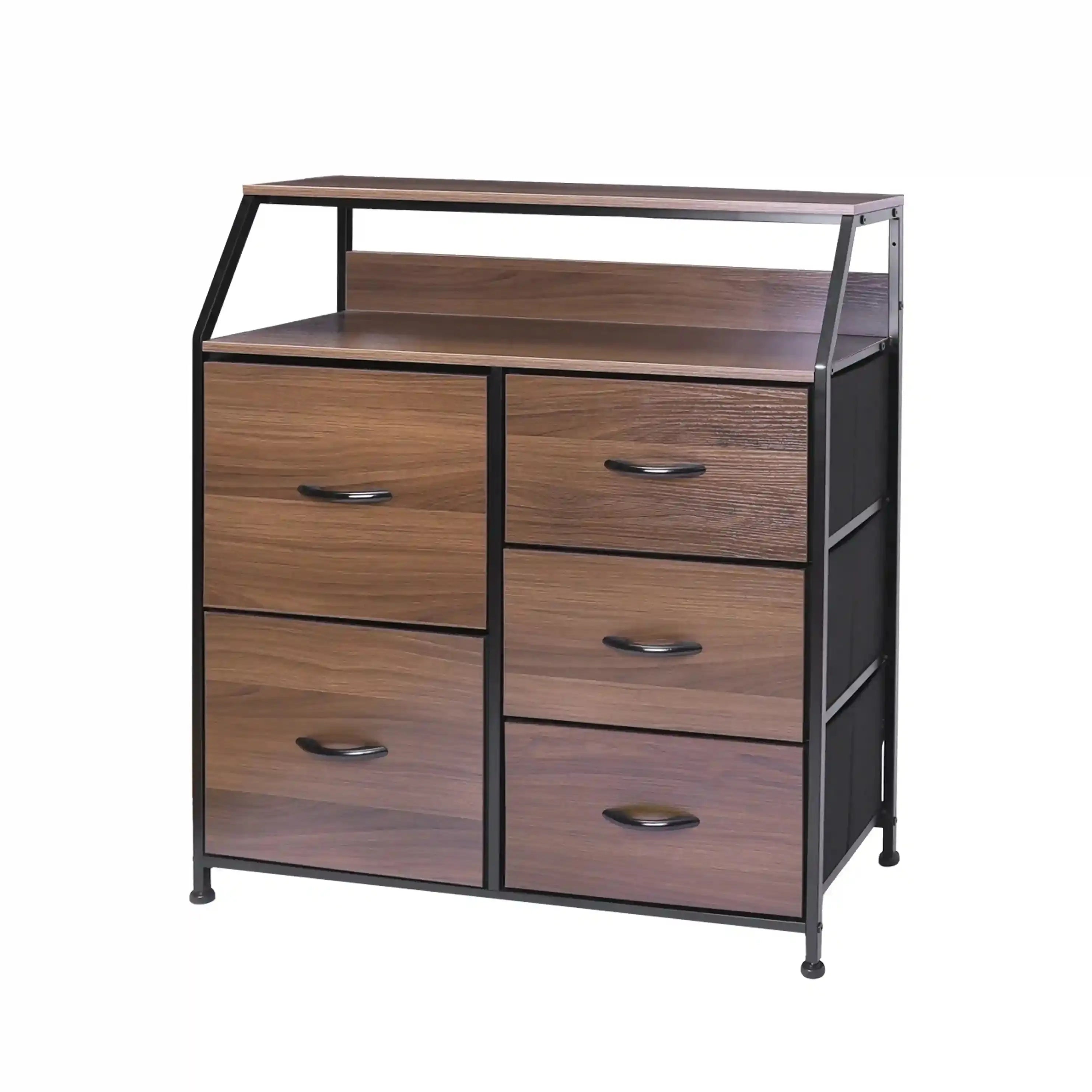 Cómoda de 5 cajones con balda almacenamiento para hogar y oficina, organizador cajonera de estructura metal y cajones de tela no tejida y tabla MDF MU:4LIFE