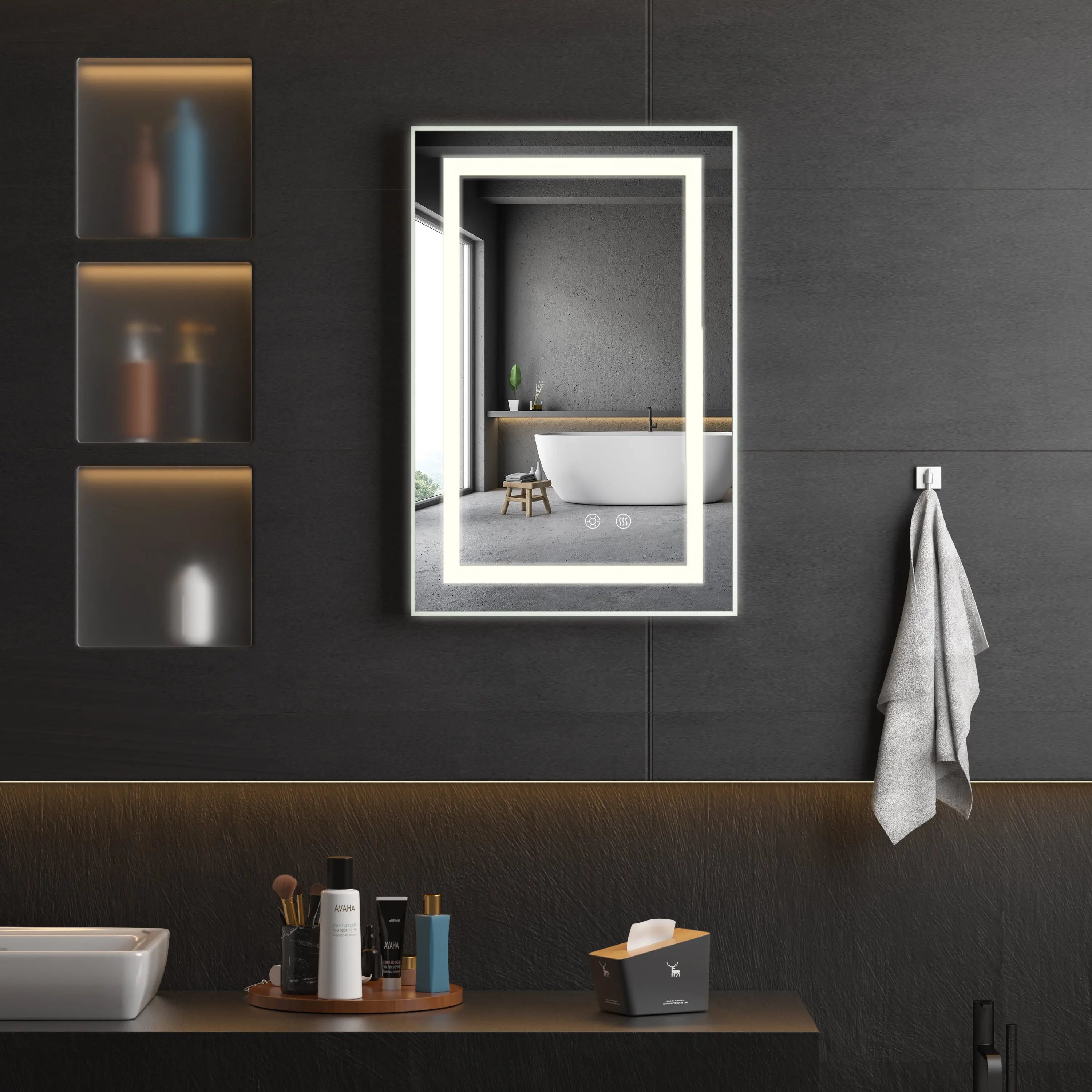 Maquillali Espejo LED De Vanidad para Baño Montado En La Pared, Estilo Rectangular, Led De 3 Colores En Iluminación con Ajustable En Brillo Y Antivaho (40x60 cm, Rectangular) MU:4LIFE MX