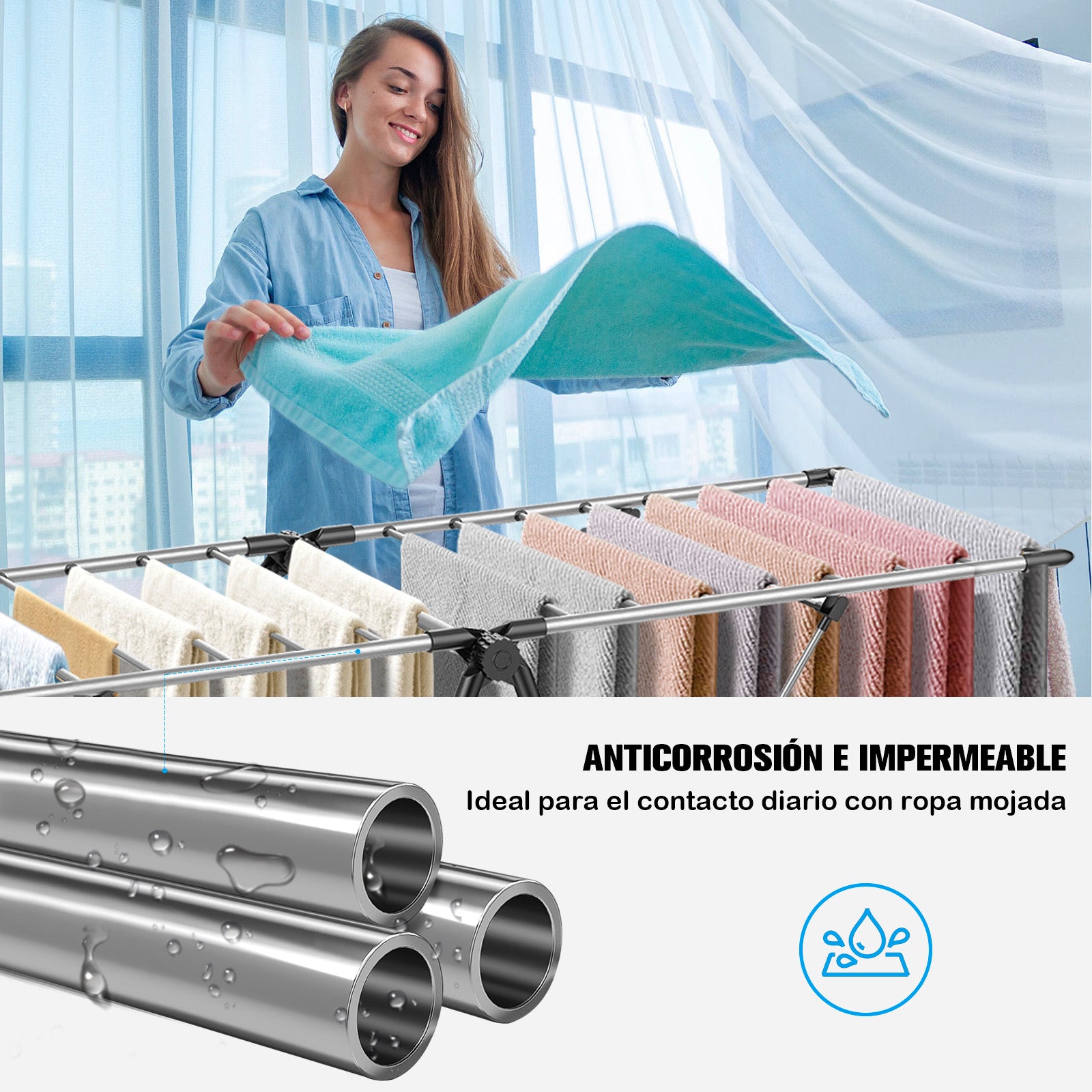 Tendedero de Ropa Plegable con Alas Ajustables, de Acero Inoxidable