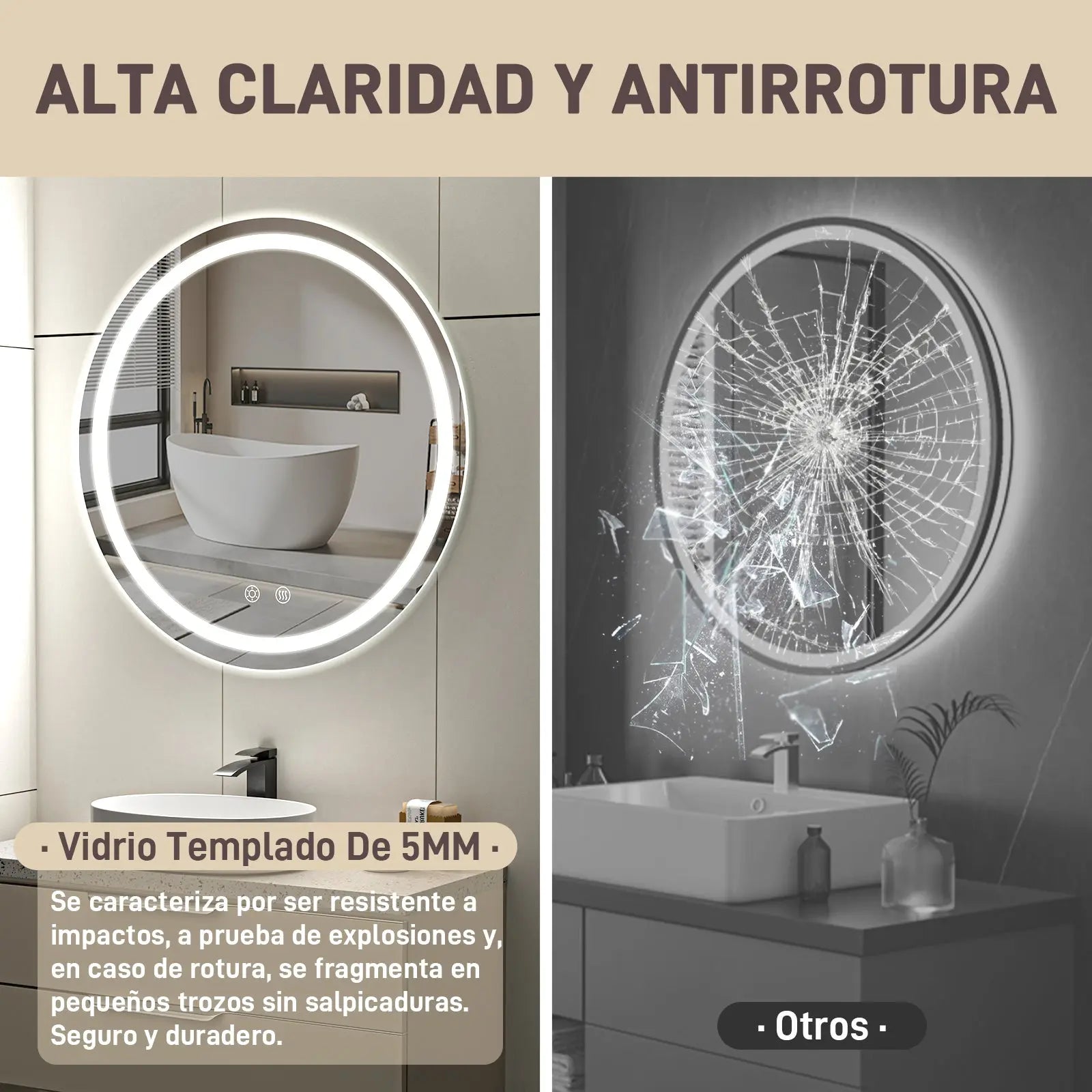 Maquillali Espejo LED De Vanidad para Baño Montado En La Pared, Estilo Redondo, Led De 3 Colores En Iluminación con Ajustable En Brillo Y Antivaho (60 cm, Redondo) MU:4LIFE MX