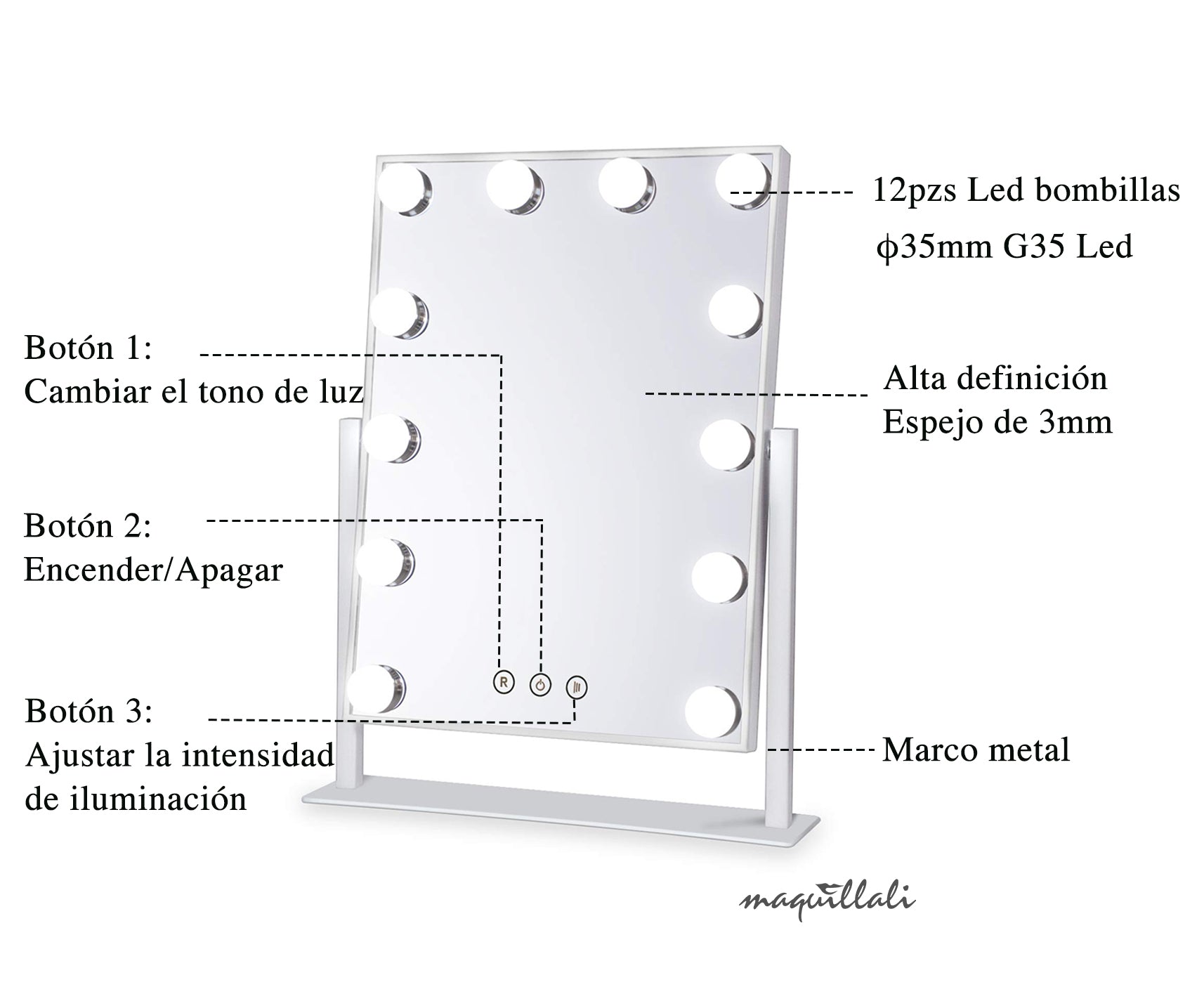 Espejo de maquillaje 12 Bombillas Led Estilo Hollywood Vintage, con espejo de aumento 10x