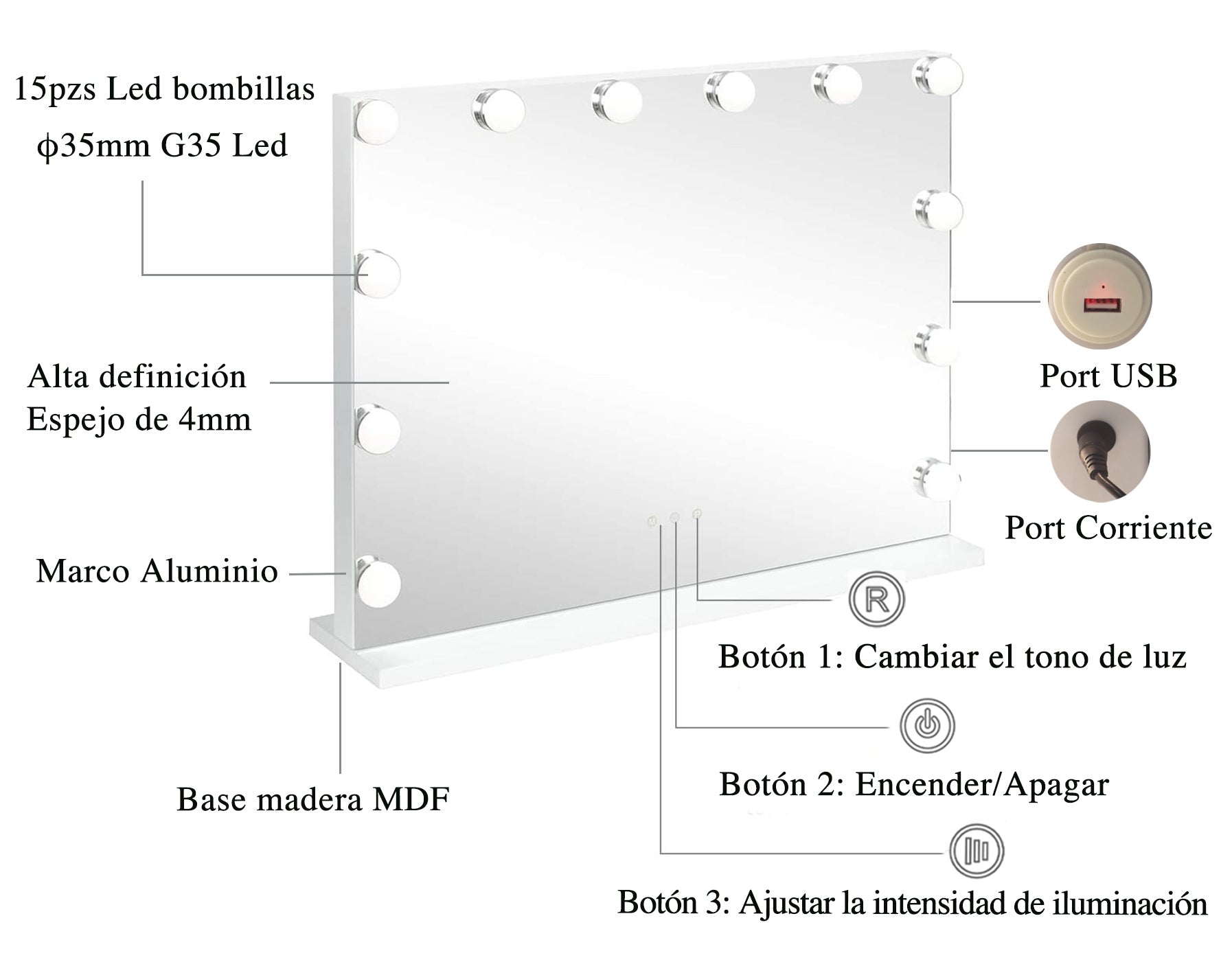 Espejo de maquillaje 15 Bombillas LED estilo Hollywood, con espejo de aumento 10x.