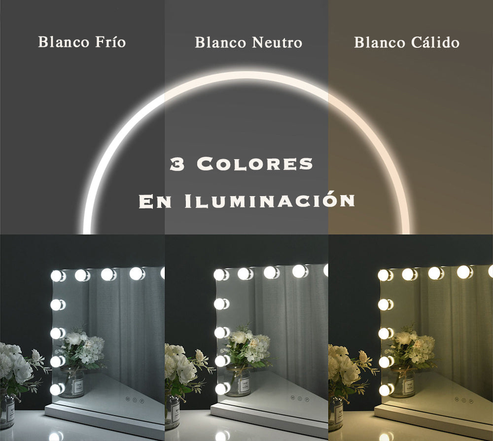 Espejo de maquillaje 15 Bombillas LED estilo Hollywood, con espejo de aumento 10x.