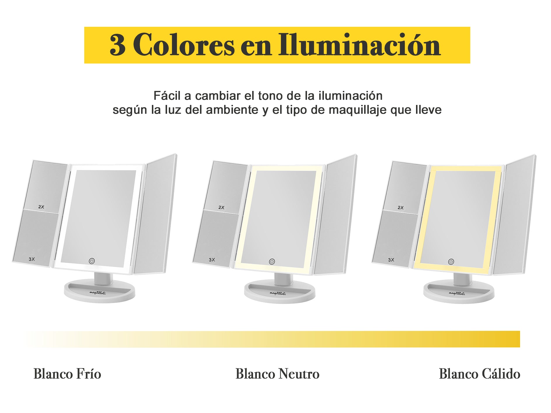 Espejo de Maquillaje Tríptico con 72 LEDs, Iluminación Ajustable y Aumento 1X/2X/3X